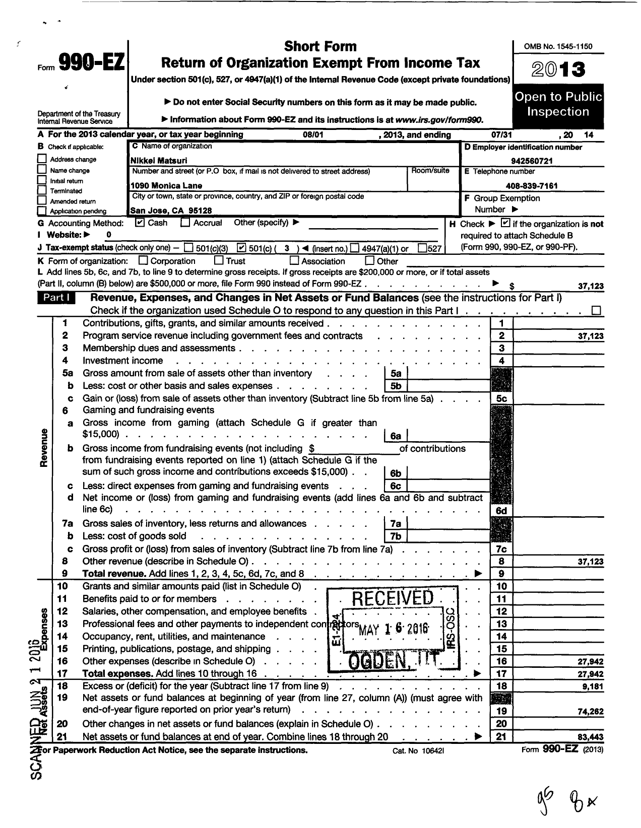 Image of first page of 2013 Form 990EZ for Nikkei Matsuri Foundation