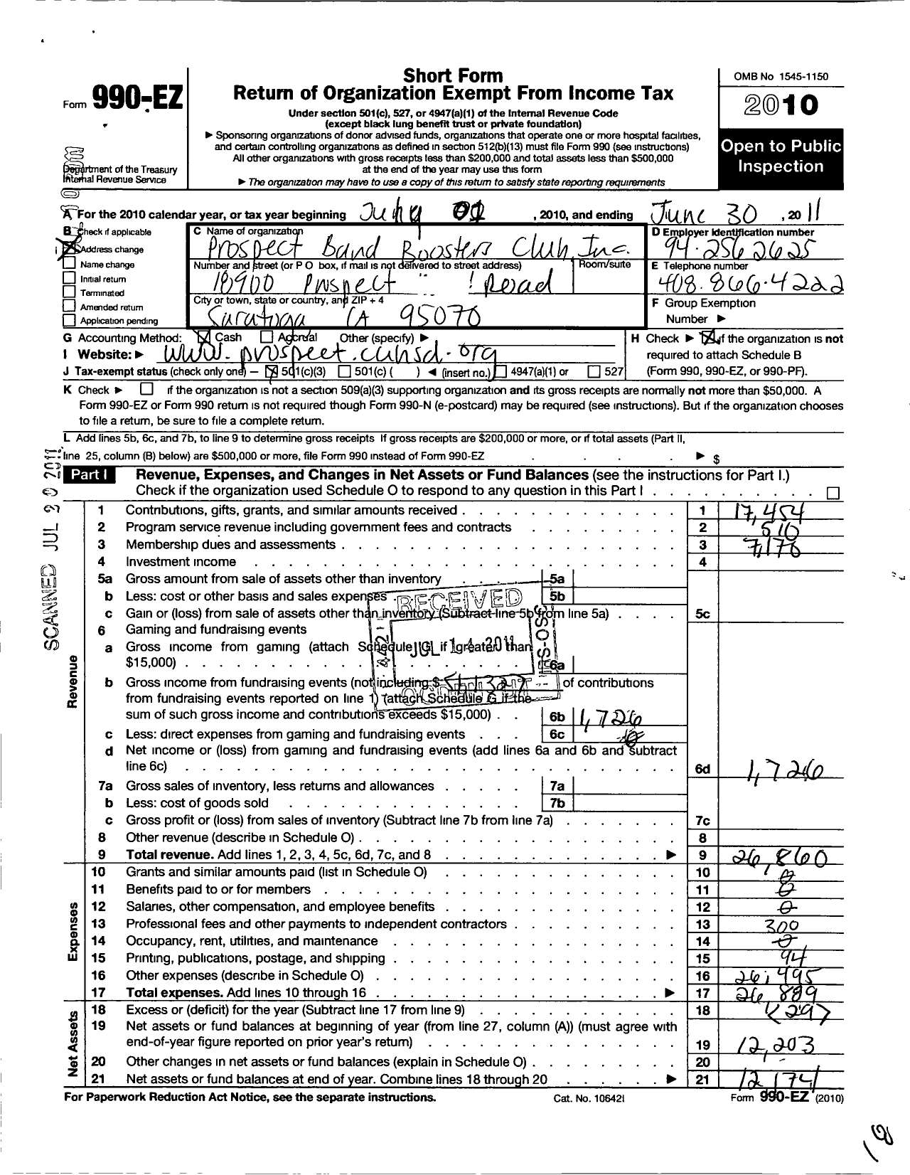 Image of first page of 2010 Form 990EZ for Prospect Band Boosters Club