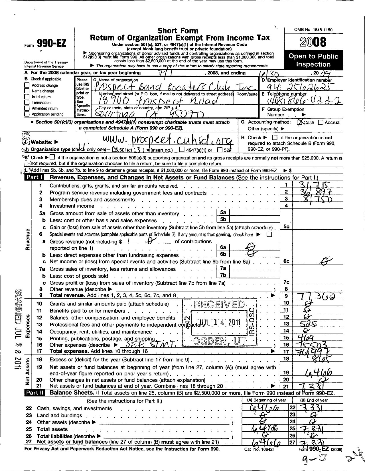 Image of first page of 2008 Form 990EZ for Prospect Band Boosters Club