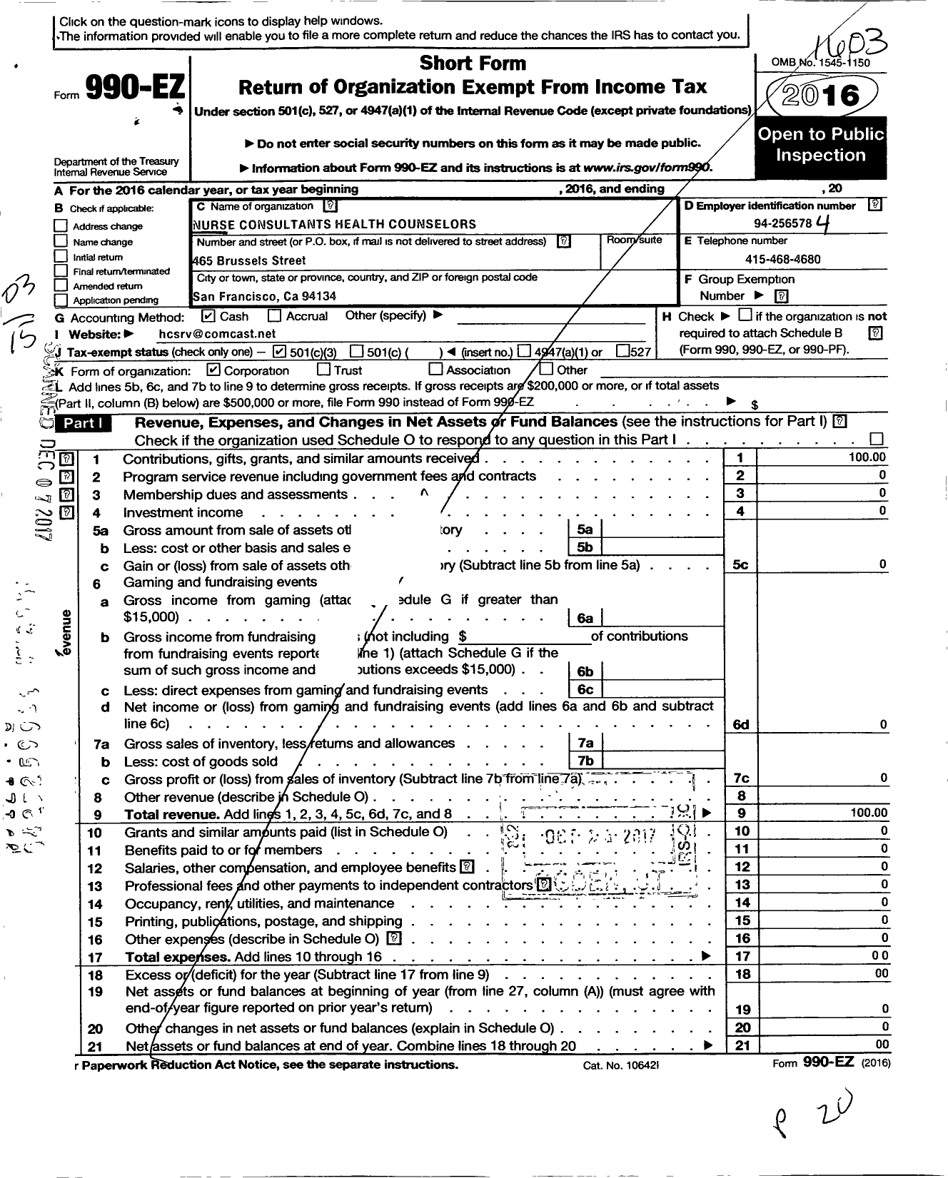 Image of first page of 2015 Form 990EZ for Nurse Consultants Health Counselors