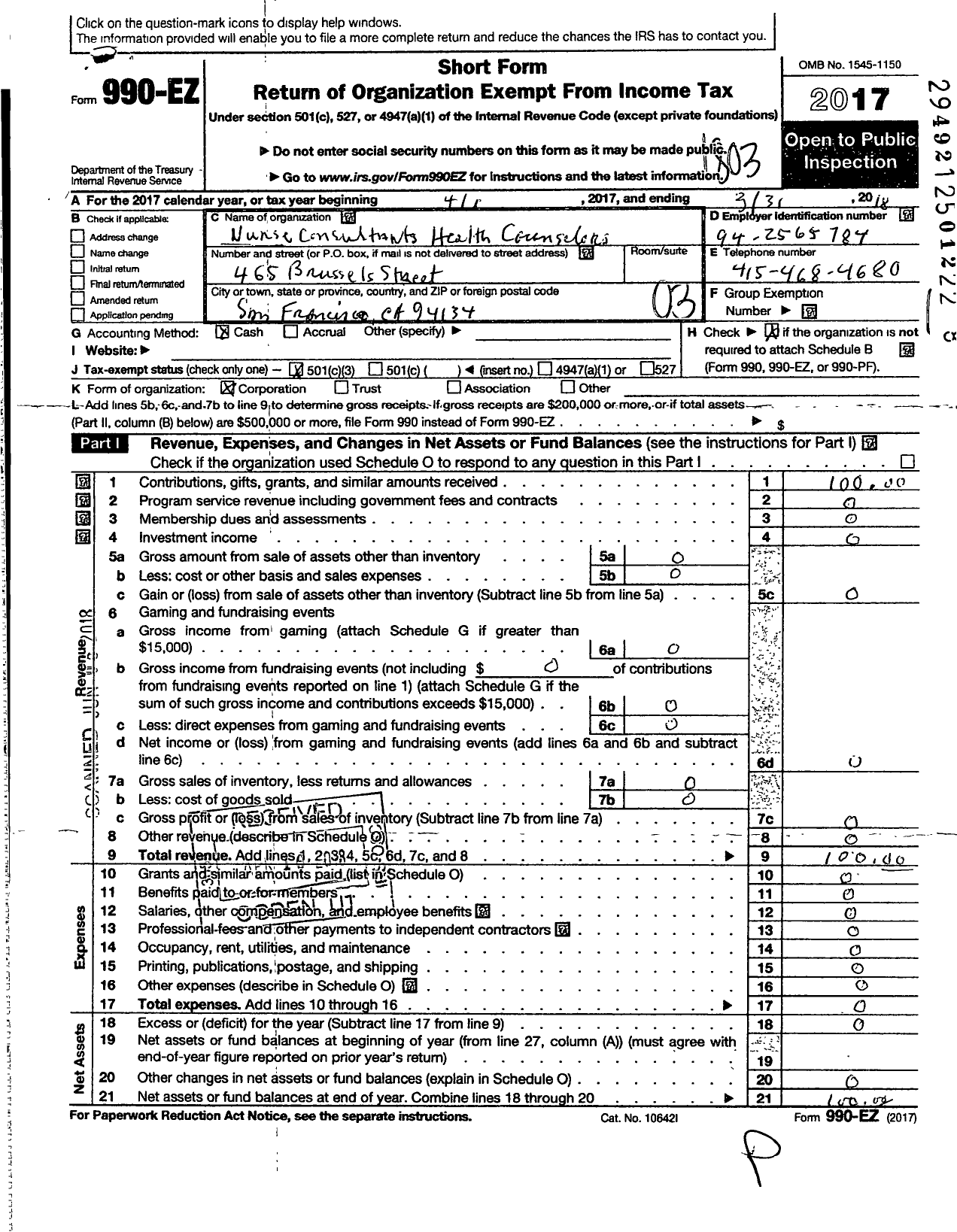 Image of first page of 2017 Form 990EZ for Nurse Consultants Health Counselors