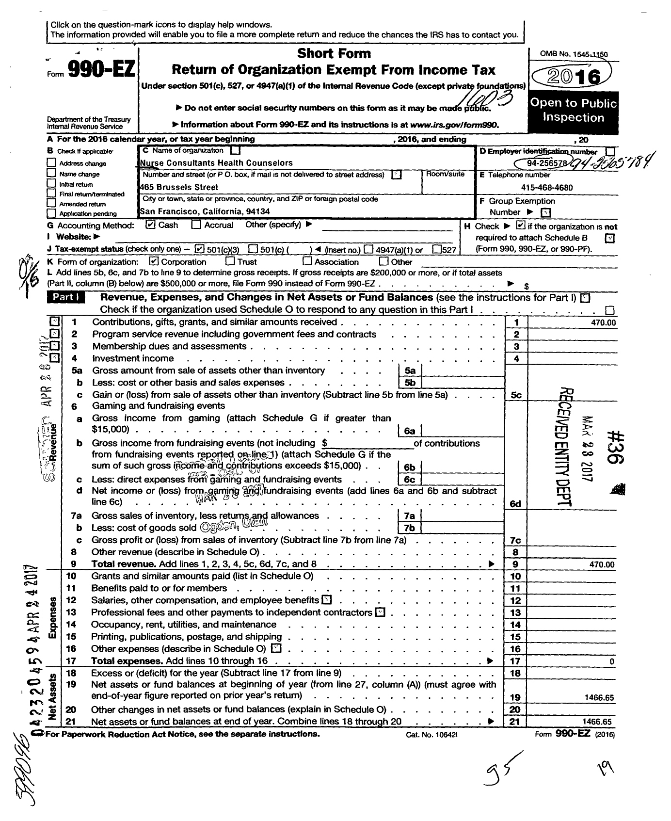 Image of first page of 2015 Form 990EZ for Nurse Consultants Health Counselors