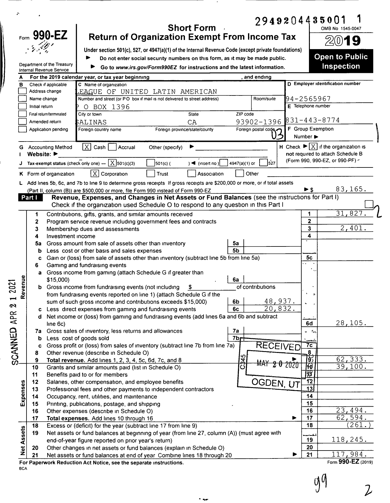 Image of first page of 2019 Form 990EZ for League of United Latin American Citizens Council 2055