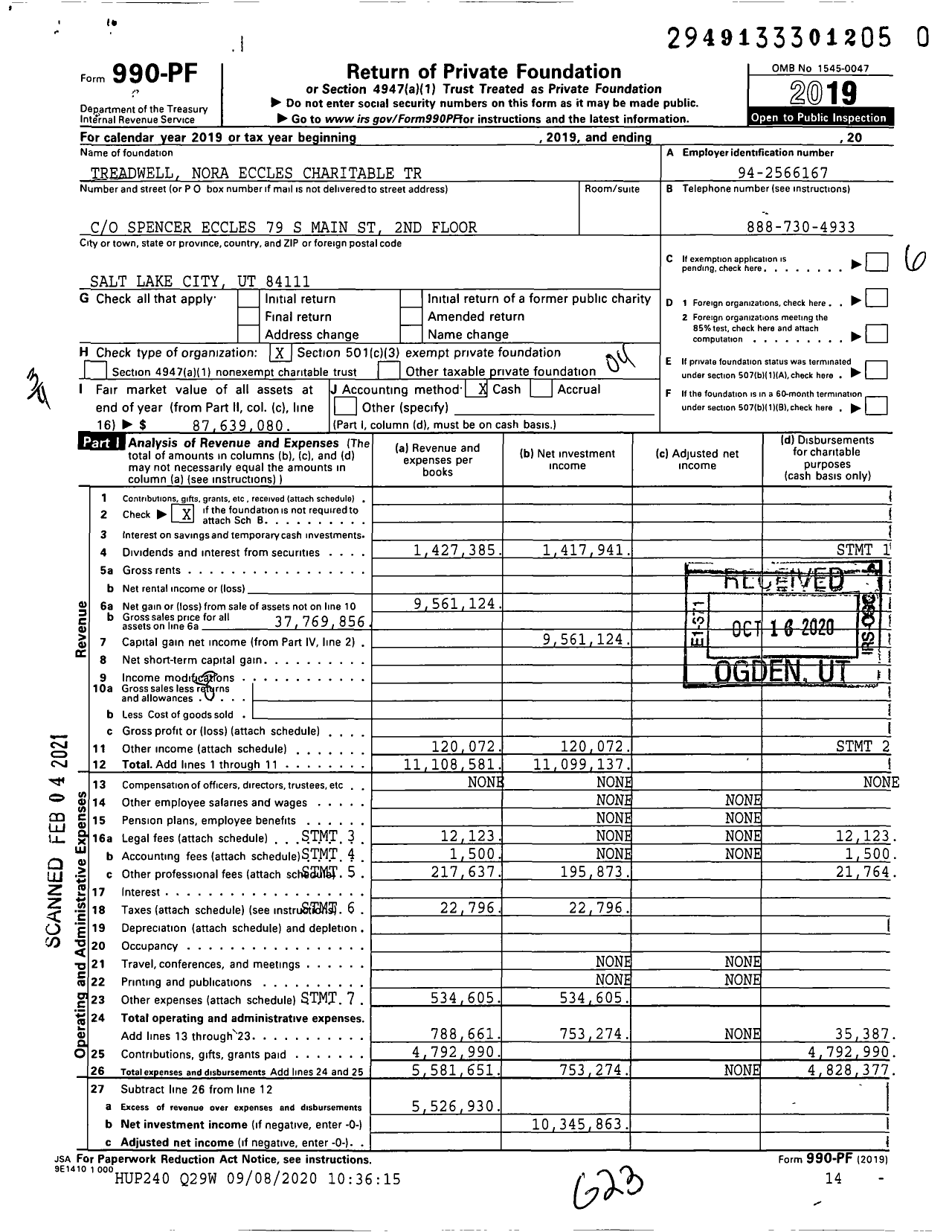 Image of first page of 2019 Form 990PF for Nora Eccles Treadwell Charitable Trust