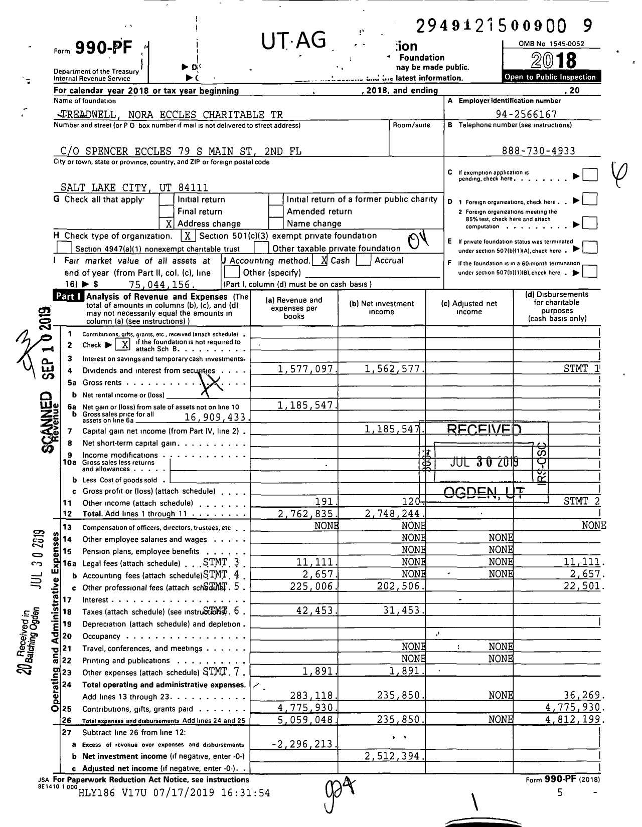 Image of first page of 2018 Form 990PF for Nora Eccles Treadwell Charitable Trust