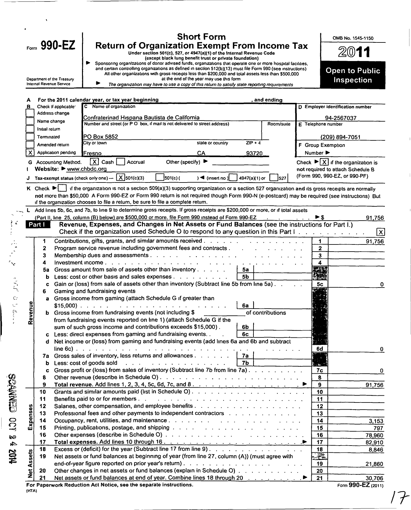 Image of first page of 2011 Form 990EZ for Confraterinad Hispana Bautista de California