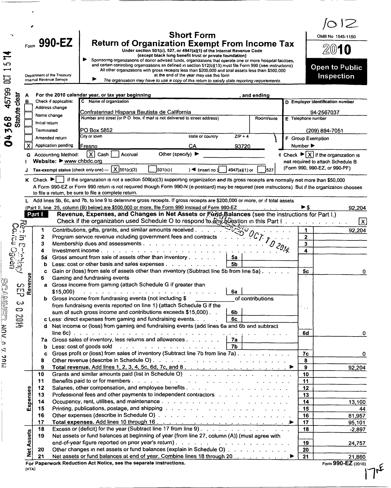 Image of first page of 2010 Form 990EZ for Confraterinad Hispana Bautista de California