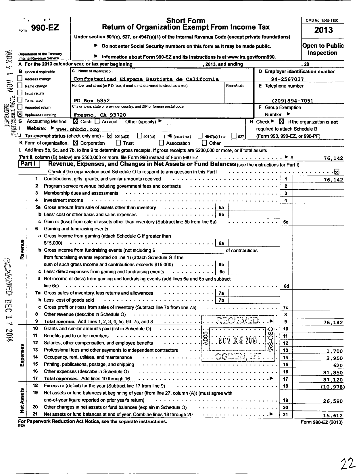 Image of first page of 2013 Form 990EZ for Confraterinad Hispana Bautista de California