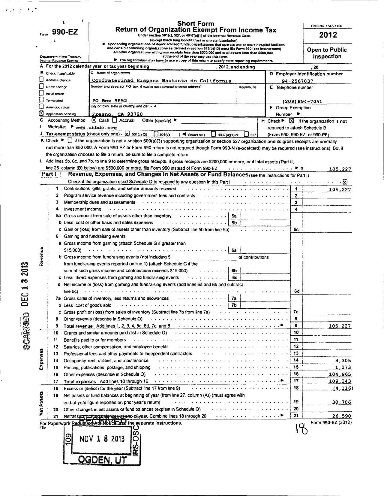 Image of first page of 2012 Form 990EZ for Confraterinad Hispana Bautista de California