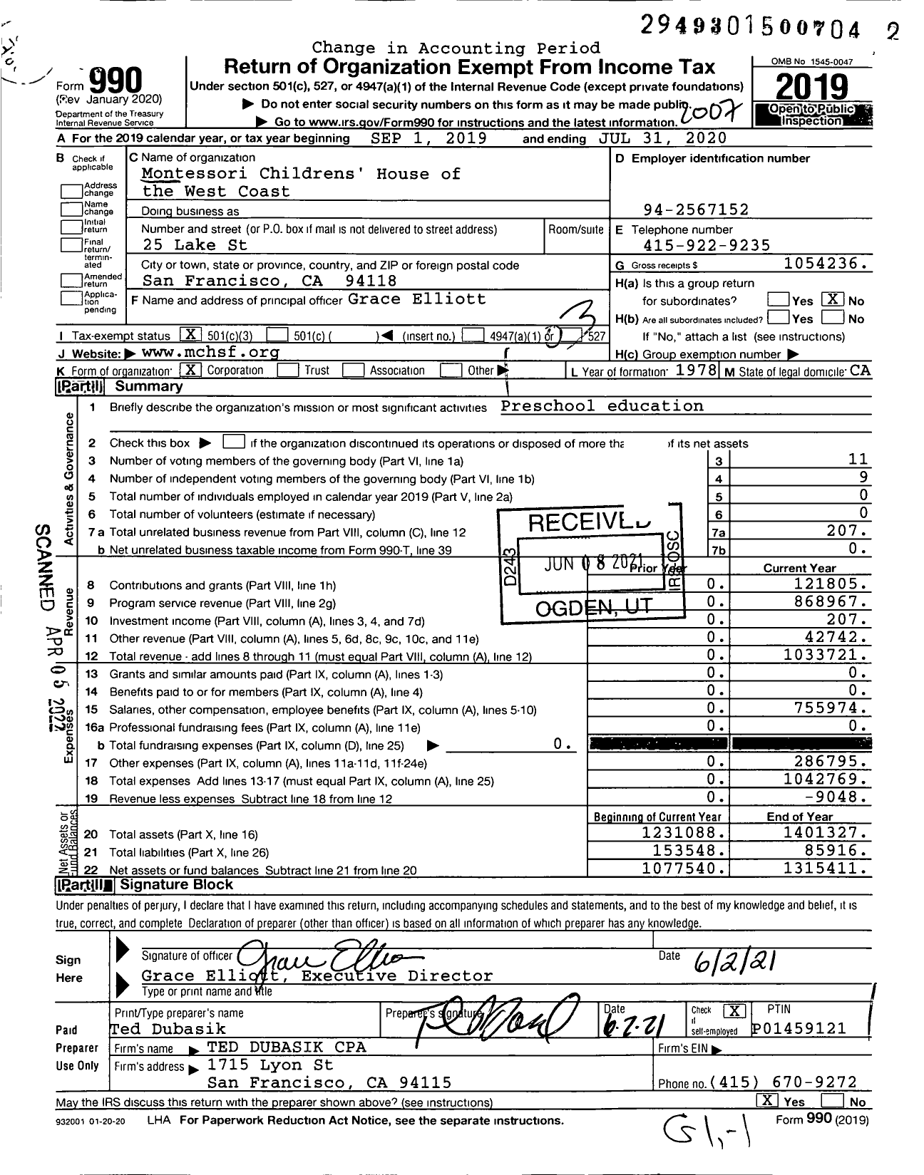 Image of first page of 2019 Form 990 for Montessori Childrens House of the West Coast (MCH)