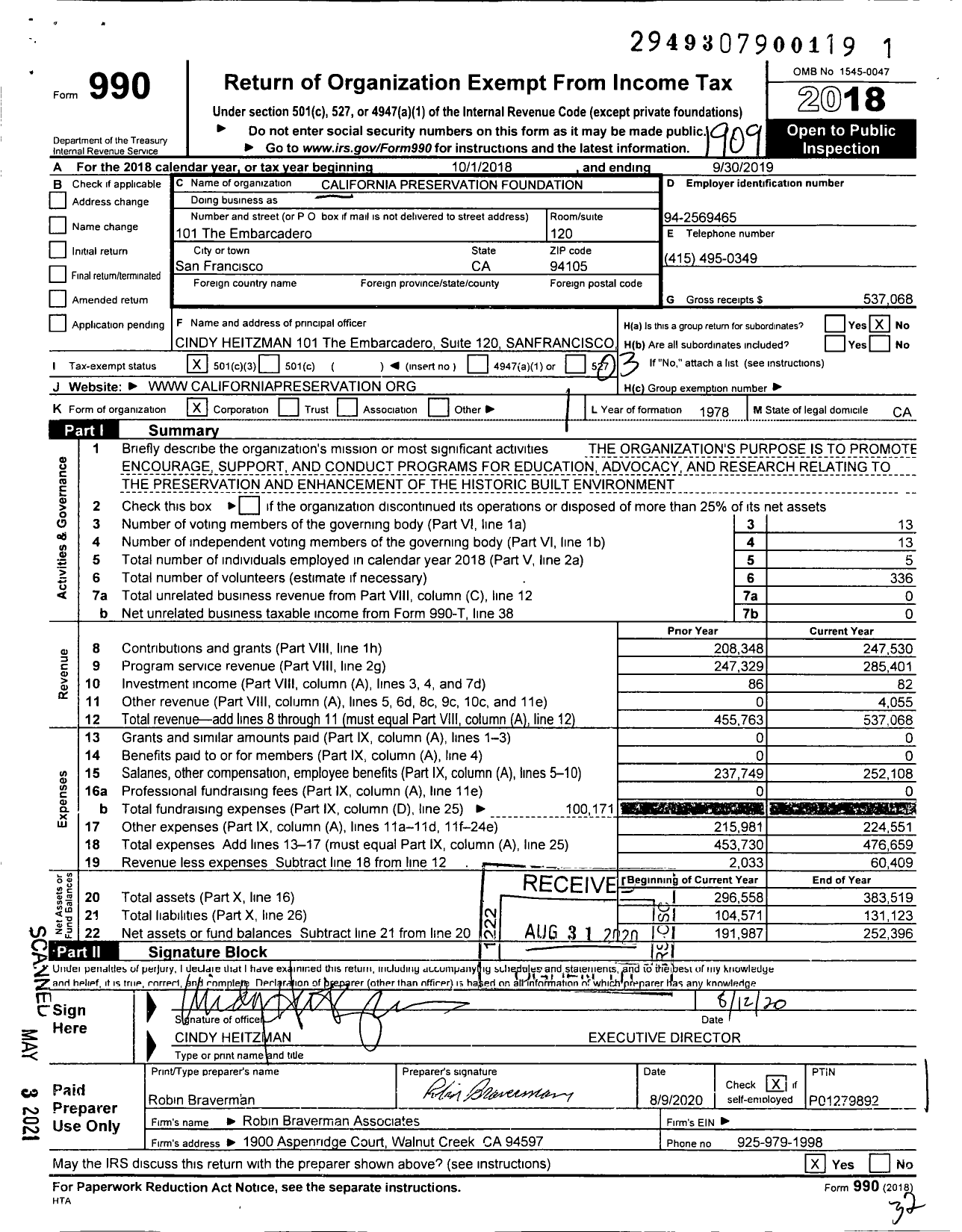 Image of first page of 2018 Form 990 for California Preservation Foundation