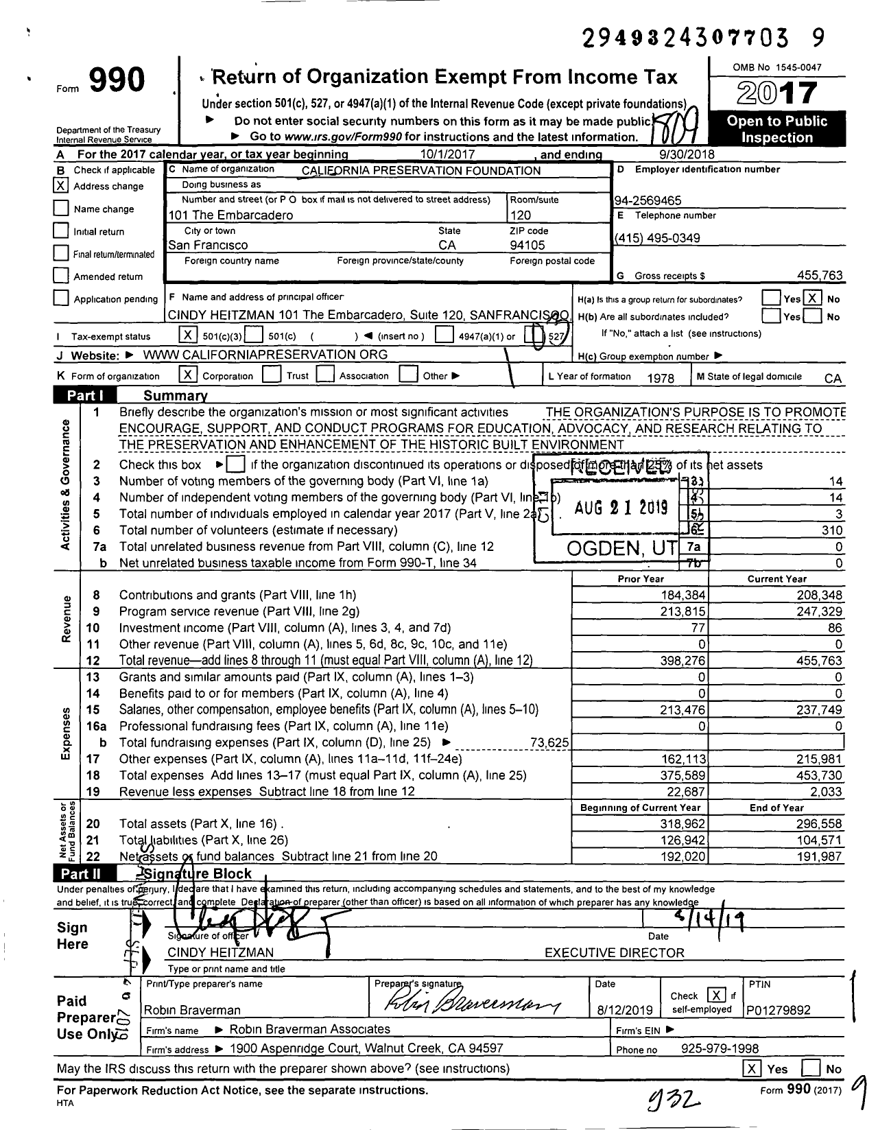 Image of first page of 2017 Form 990 for California Preservation Foundation