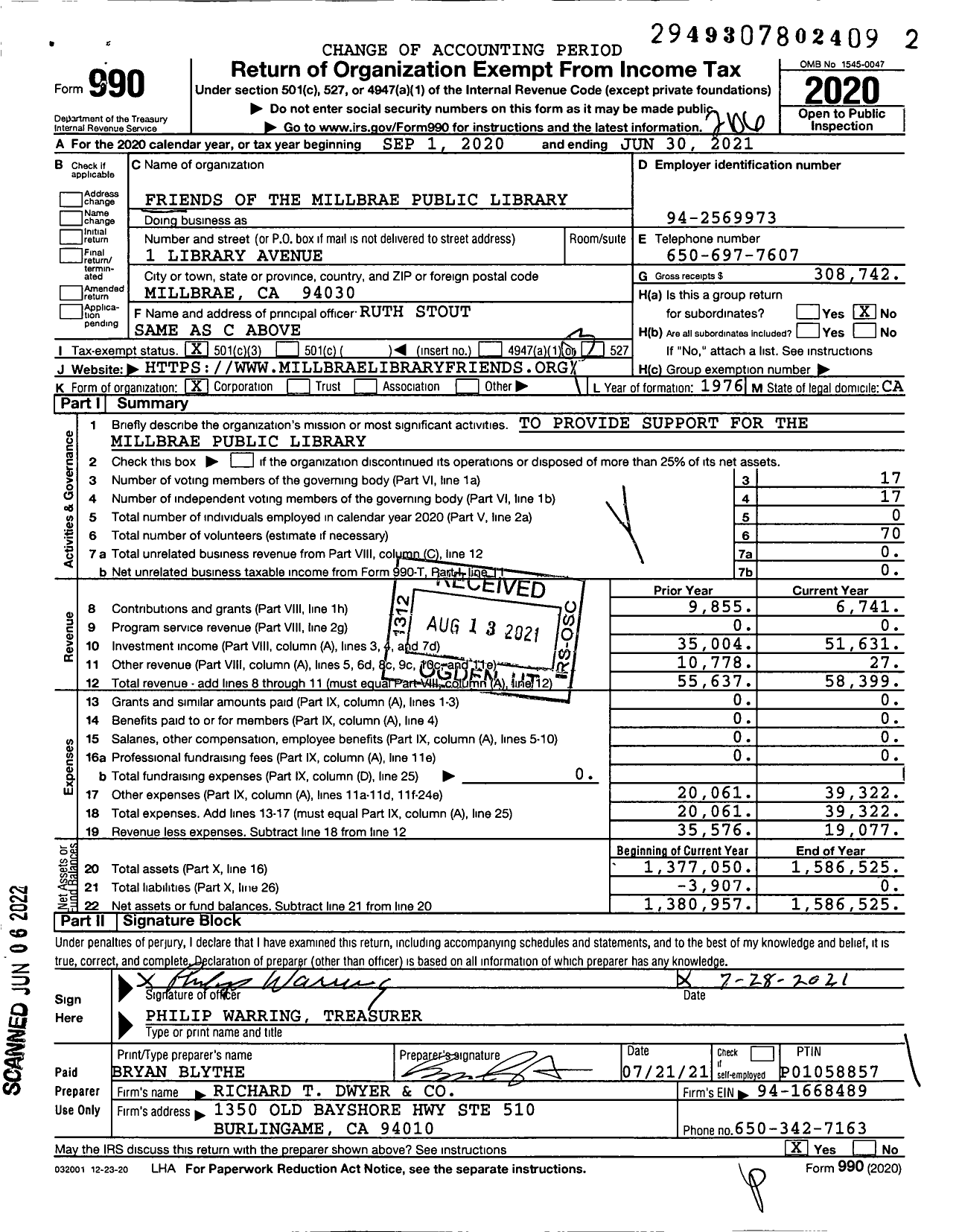 Image of first page of 2020 Form 990 for Friends of the Millbrae Public Library