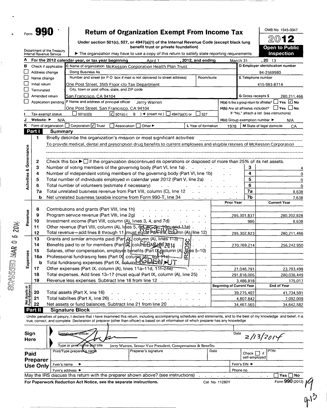 Image of first page of 2012 Form 990O for Mckesson Corporation Health Plan Trust