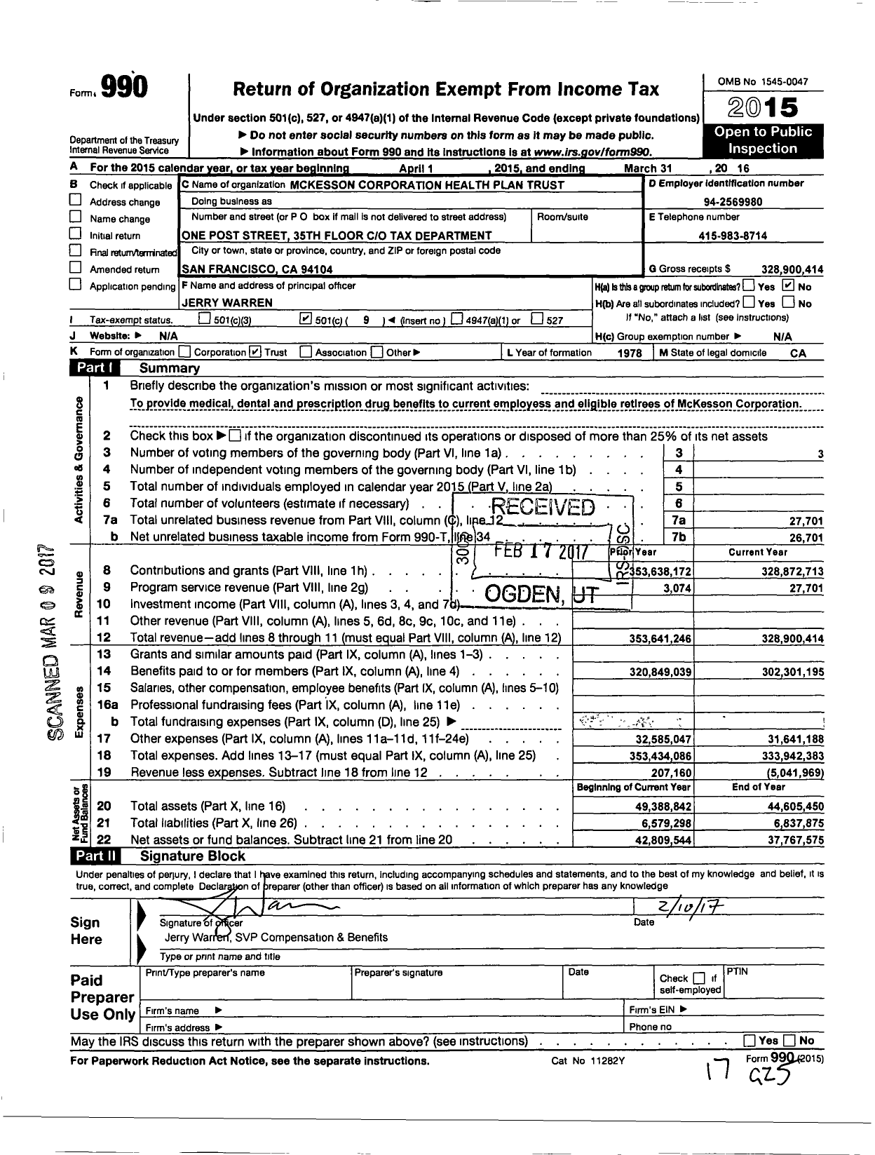Image of first page of 2015 Form 990O for Mckesson Corporation Health Plan Trust