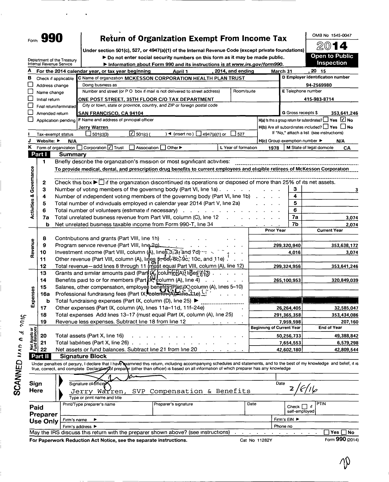 Image of first page of 2014 Form 990O for Mckesson Corporation Health Plan Trust