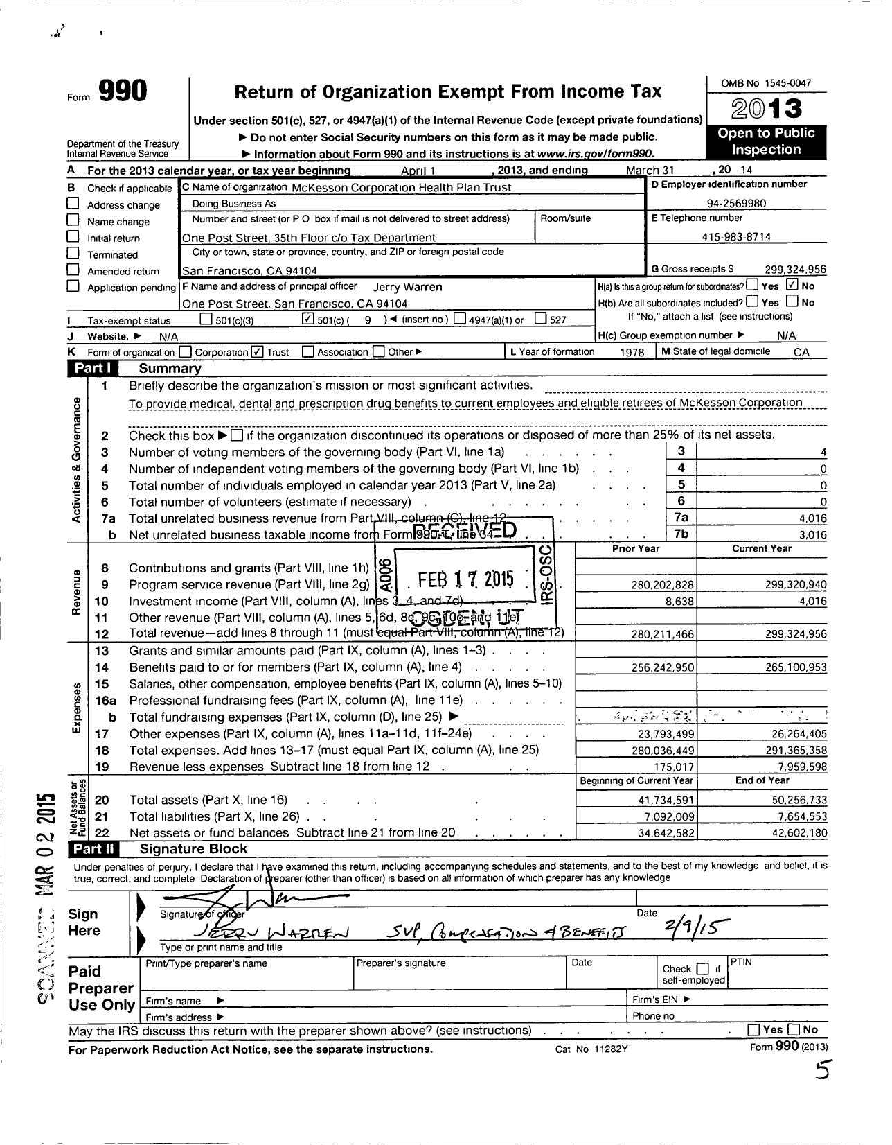 Image of first page of 2013 Form 990O for Mckesson Corporation Health Plan Trust