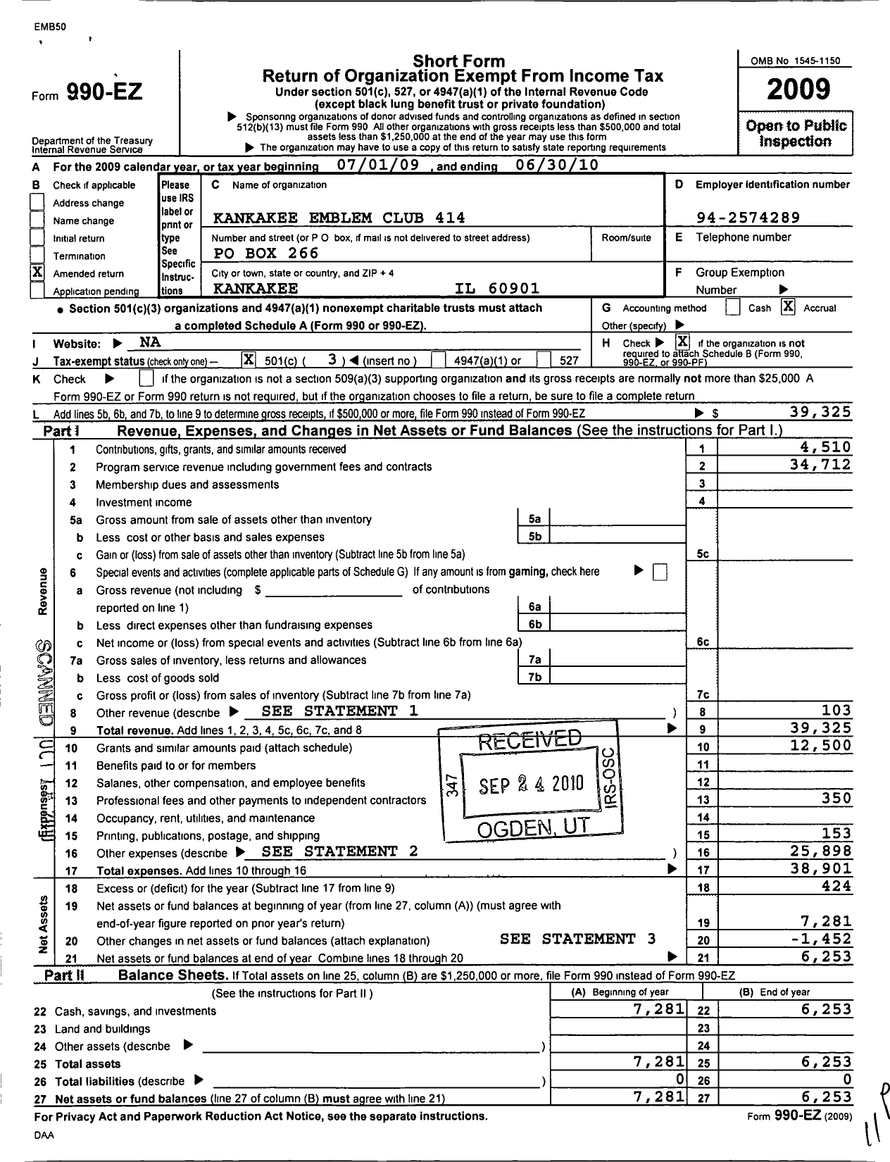 Image of first page of 2009 Form 990EZ for Supreme Emblem Club of the United States of America - 414 Kankakee