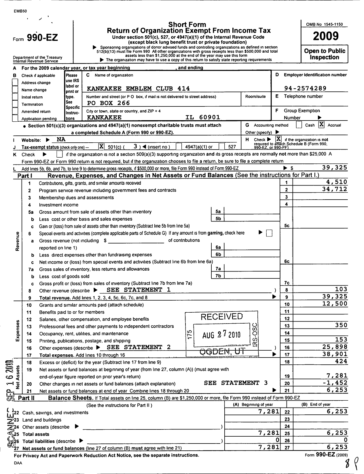 Image of first page of 2009 Form 990EZ for Supreme Emblem Club of the United States of America - 414 Kankakee