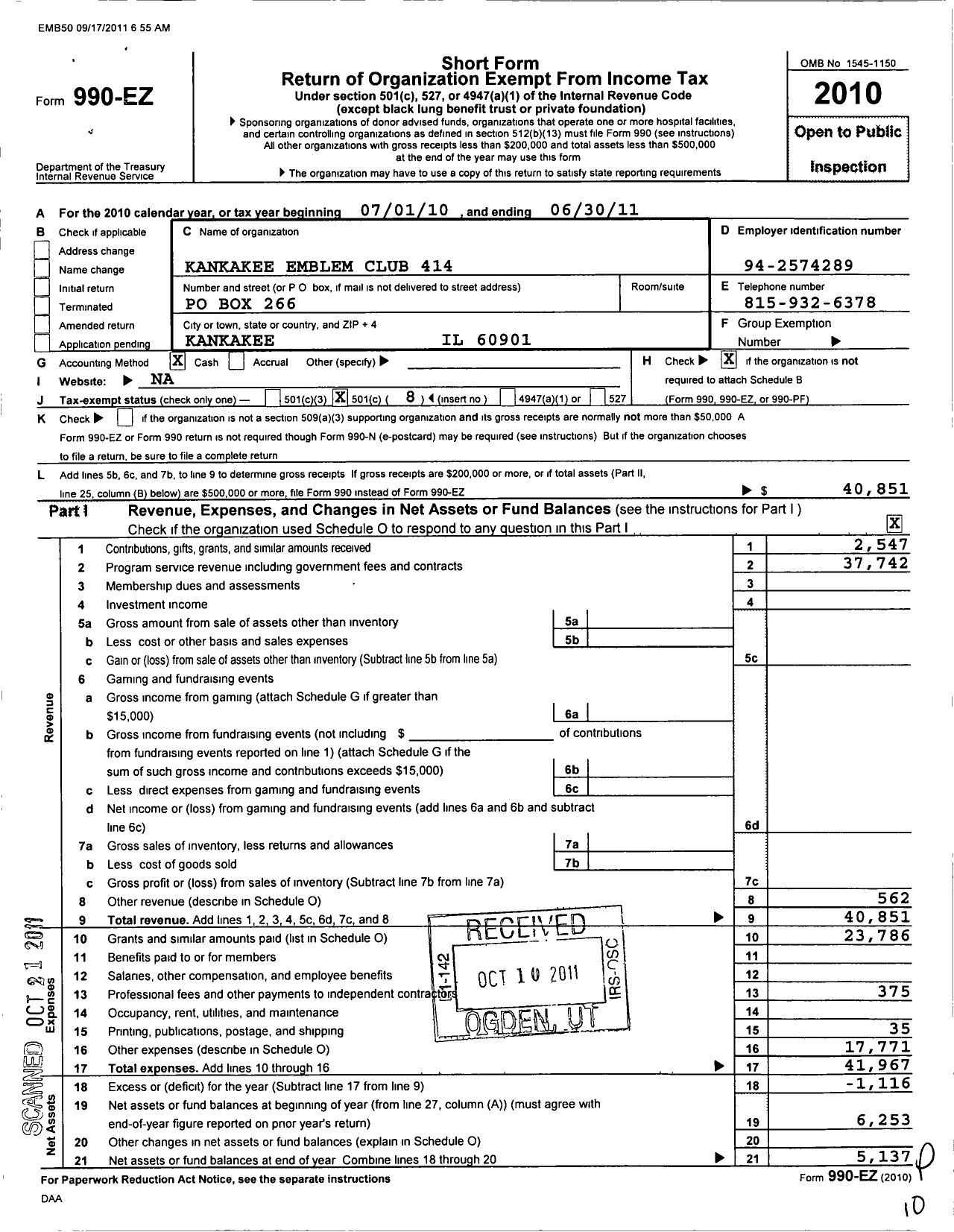 Image of first page of 2010 Form 990EO for Supreme Emblem Club of the United States of America - 414 Kankakee