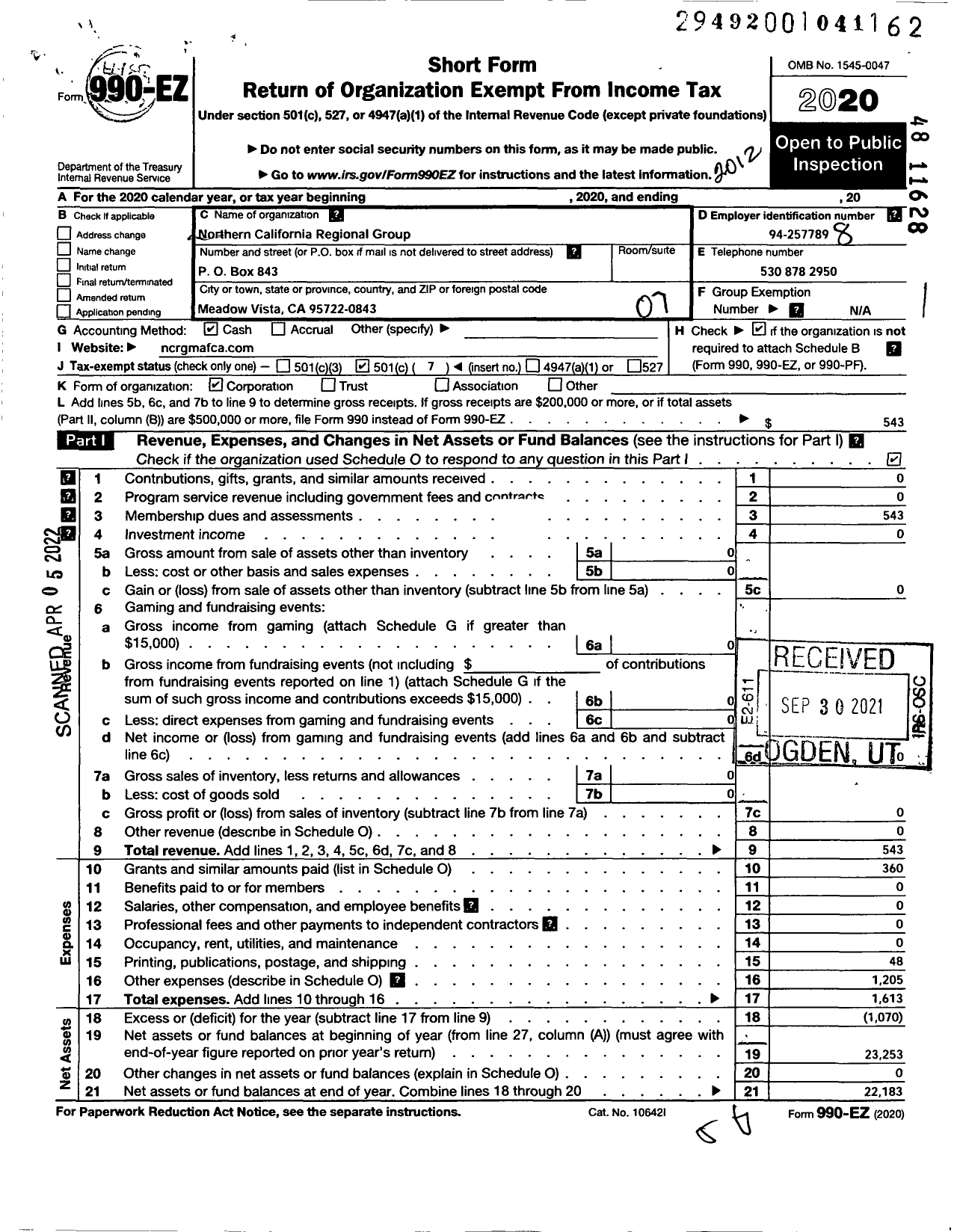 Image of first page of 2020 Form 990EO for Northern California Regional Group