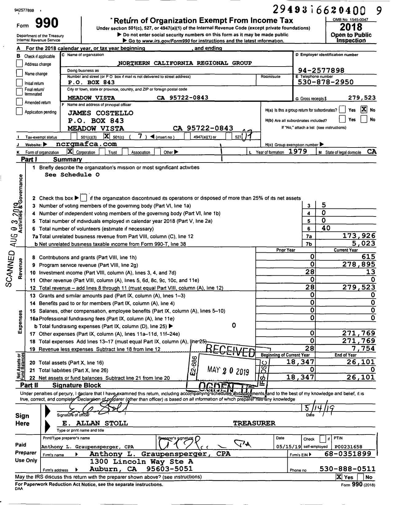 Image of first page of 2018 Form 990O for Northern California Regional Group