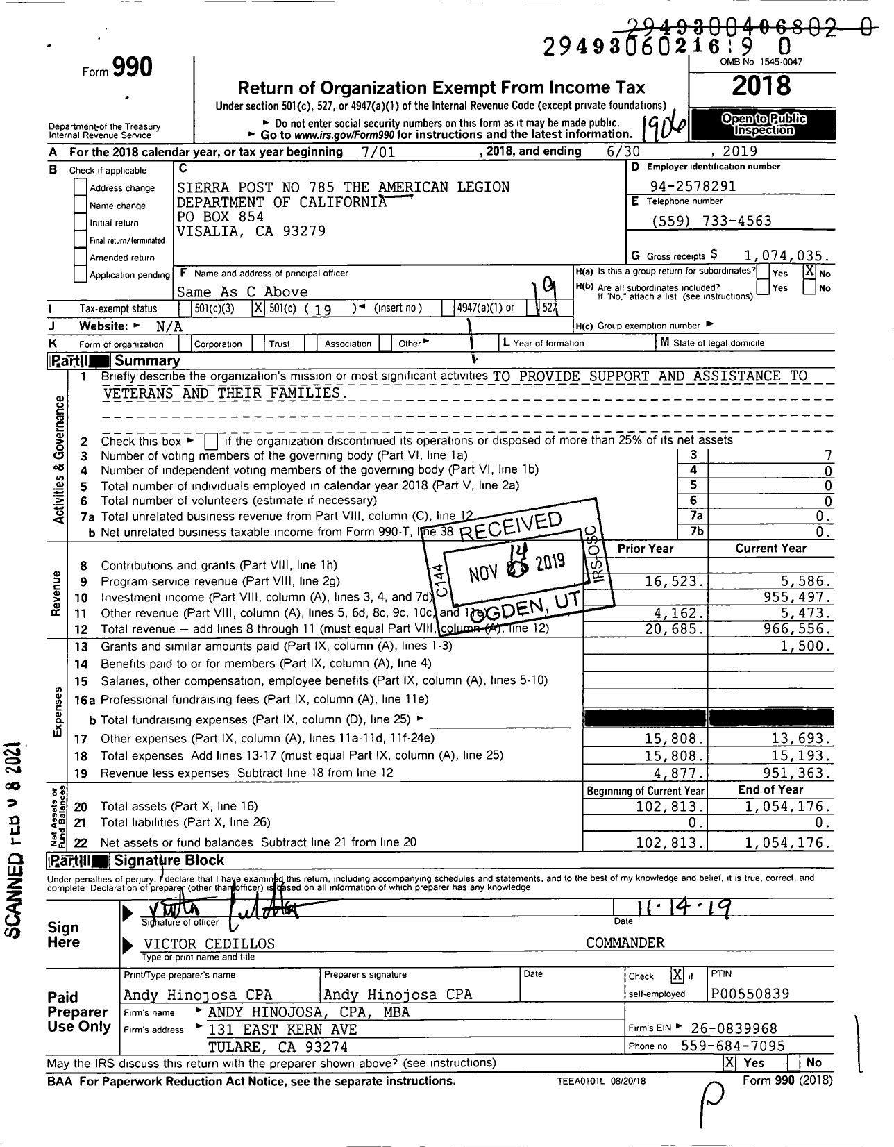 Image of first page of 2018 Form 990O for Sierra Post No 785 the American Legion Department of California