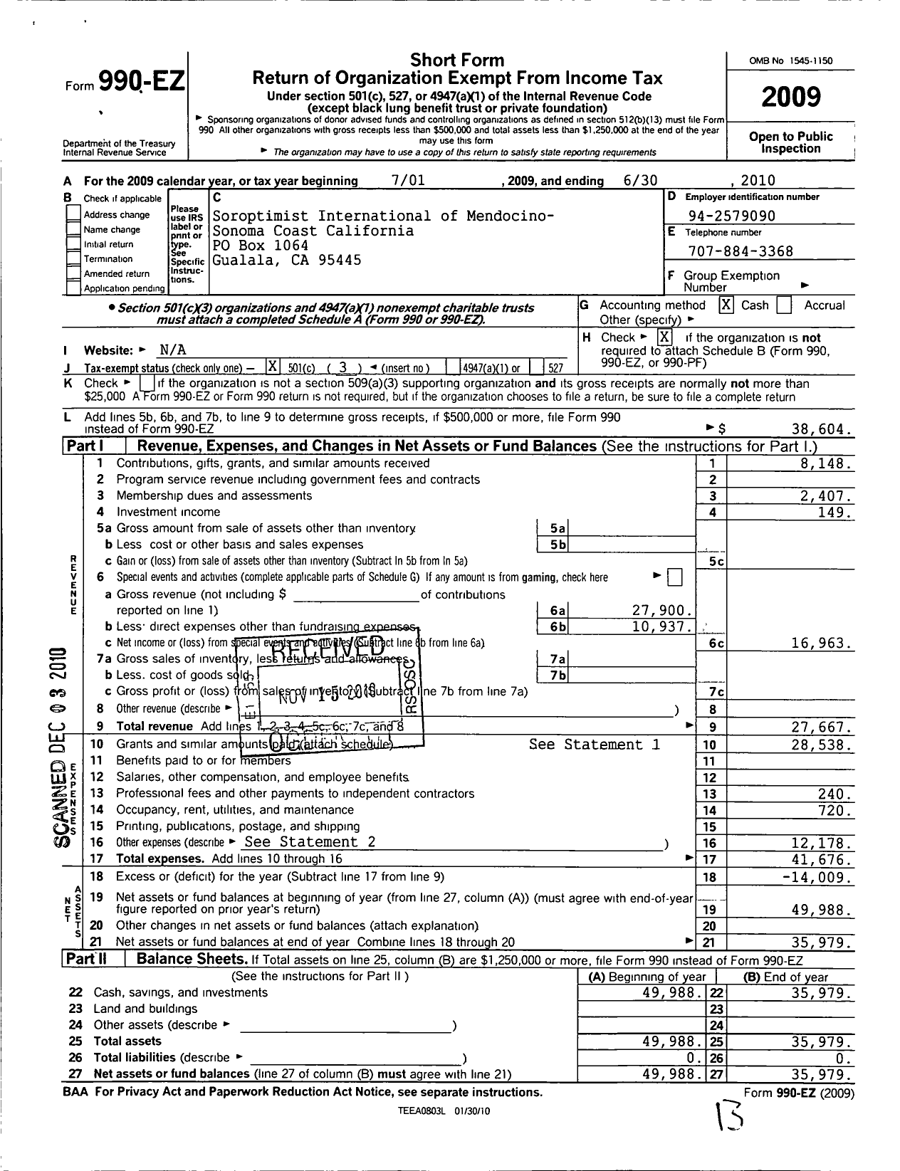 Image of first page of 2009 Form 990EZ for Soroptimist International of the Americas - 115421 Mendocino-Sonoma Coast Ca