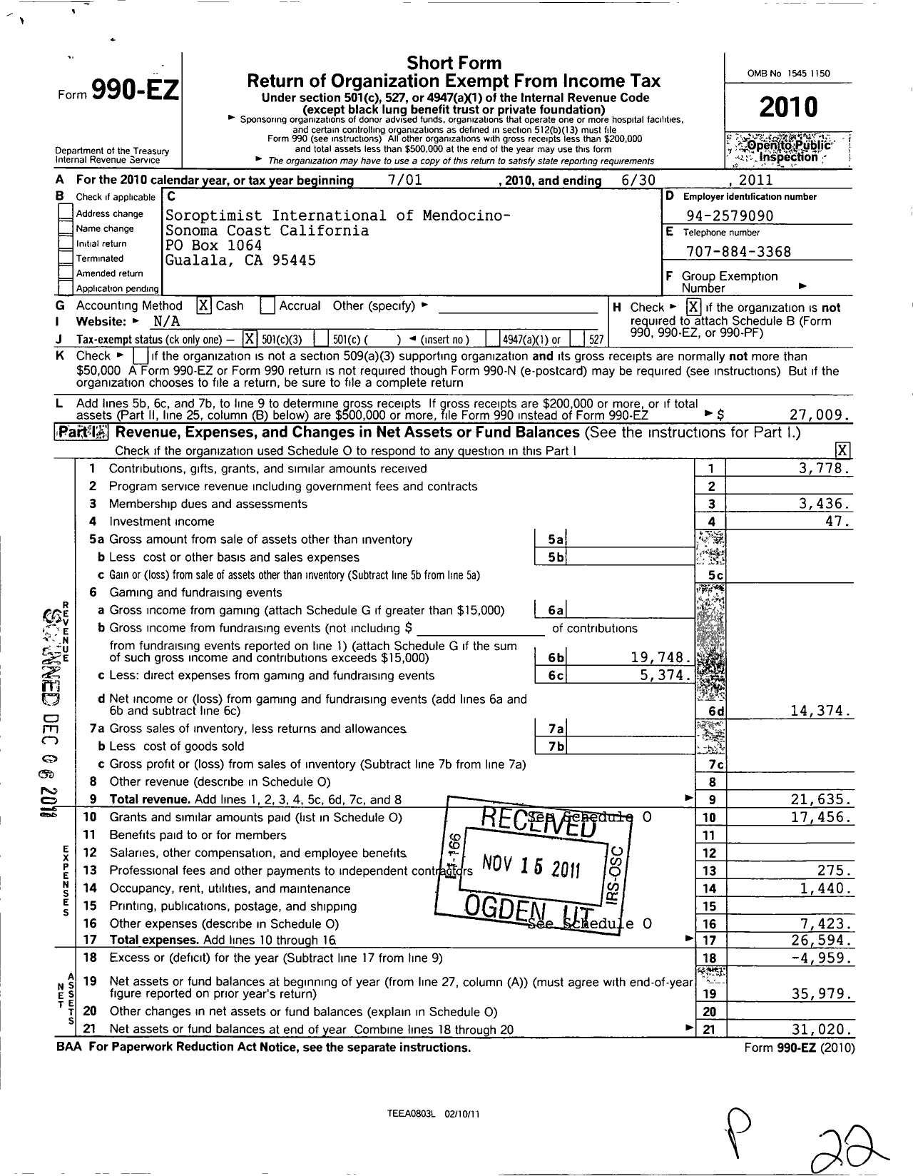 Image of first page of 2010 Form 990EZ for Soroptimist International of the Americas - 115421 Mendocino-Sonoma Coast Ca