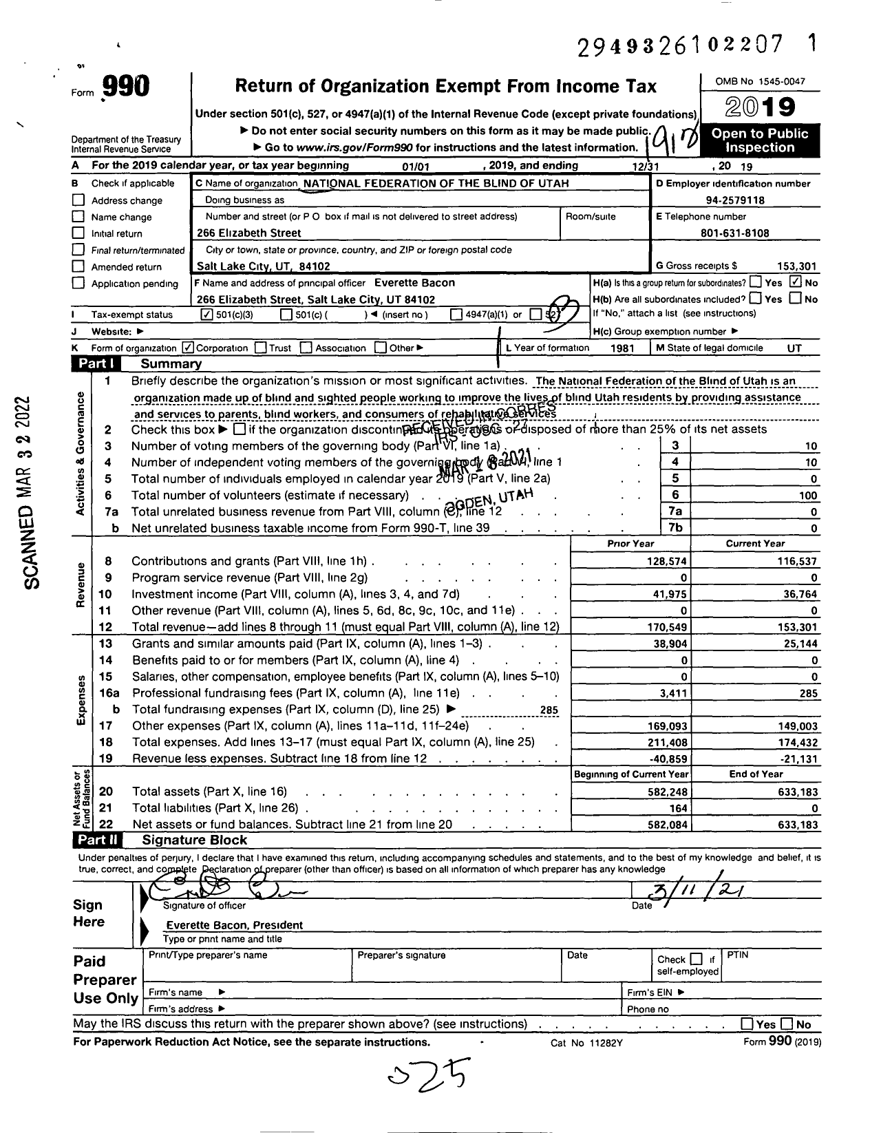 Image of first page of 2019 Form 990 for National Federation of the Blind of Utah