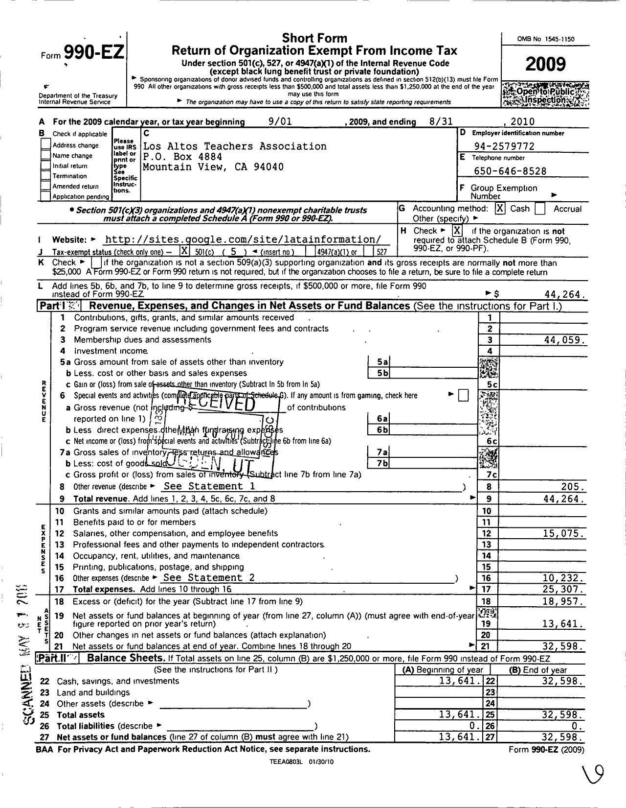 Image of first page of 2009 Form 990EO for California Teachers Association - Los Altos Ta