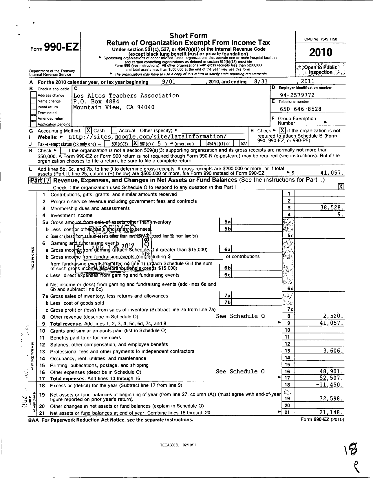 Image of first page of 2010 Form 990EO for California Teachers Association - Los Altos Ta