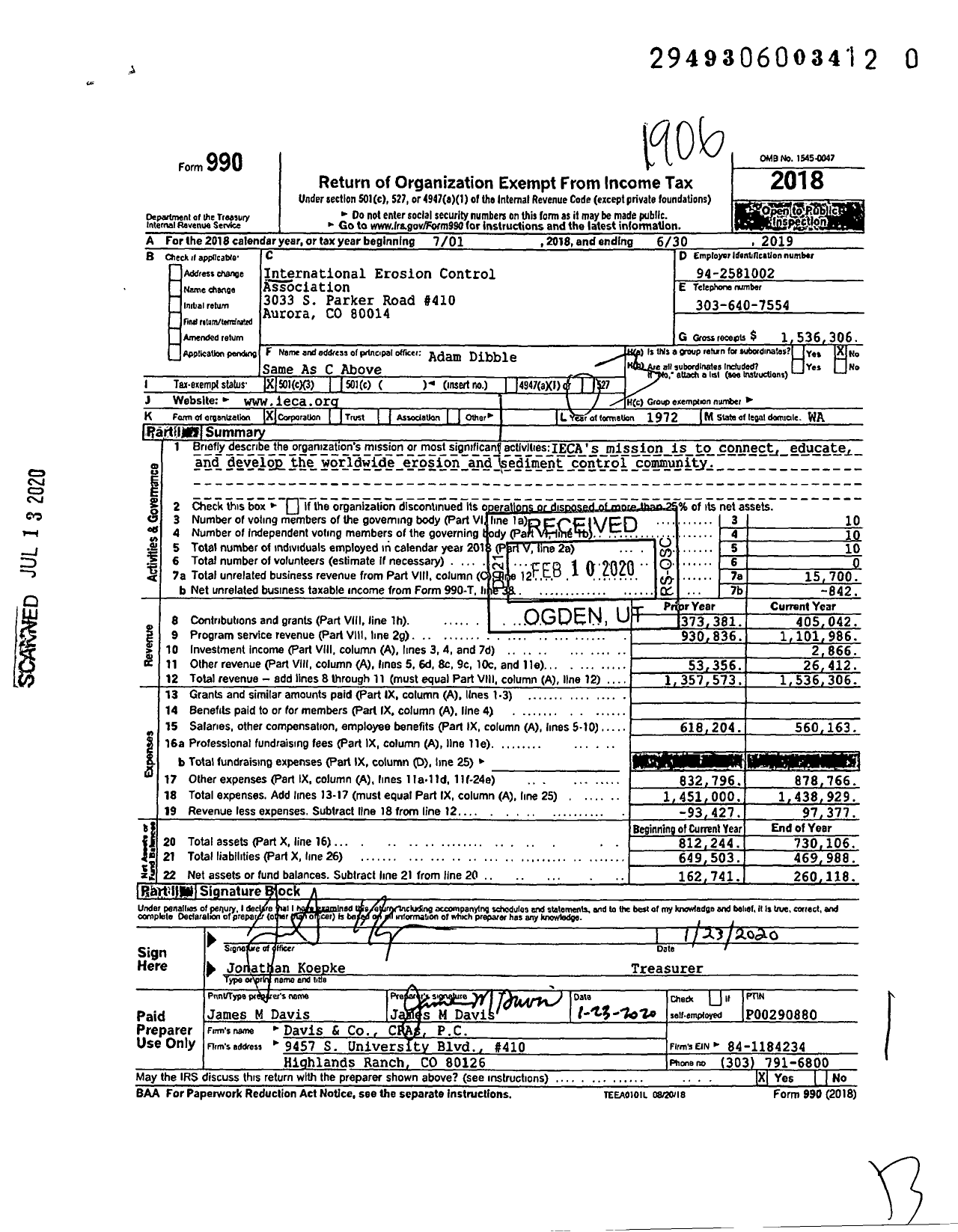 Image of first page of 2018 Form 990 for International Erosion Control Association