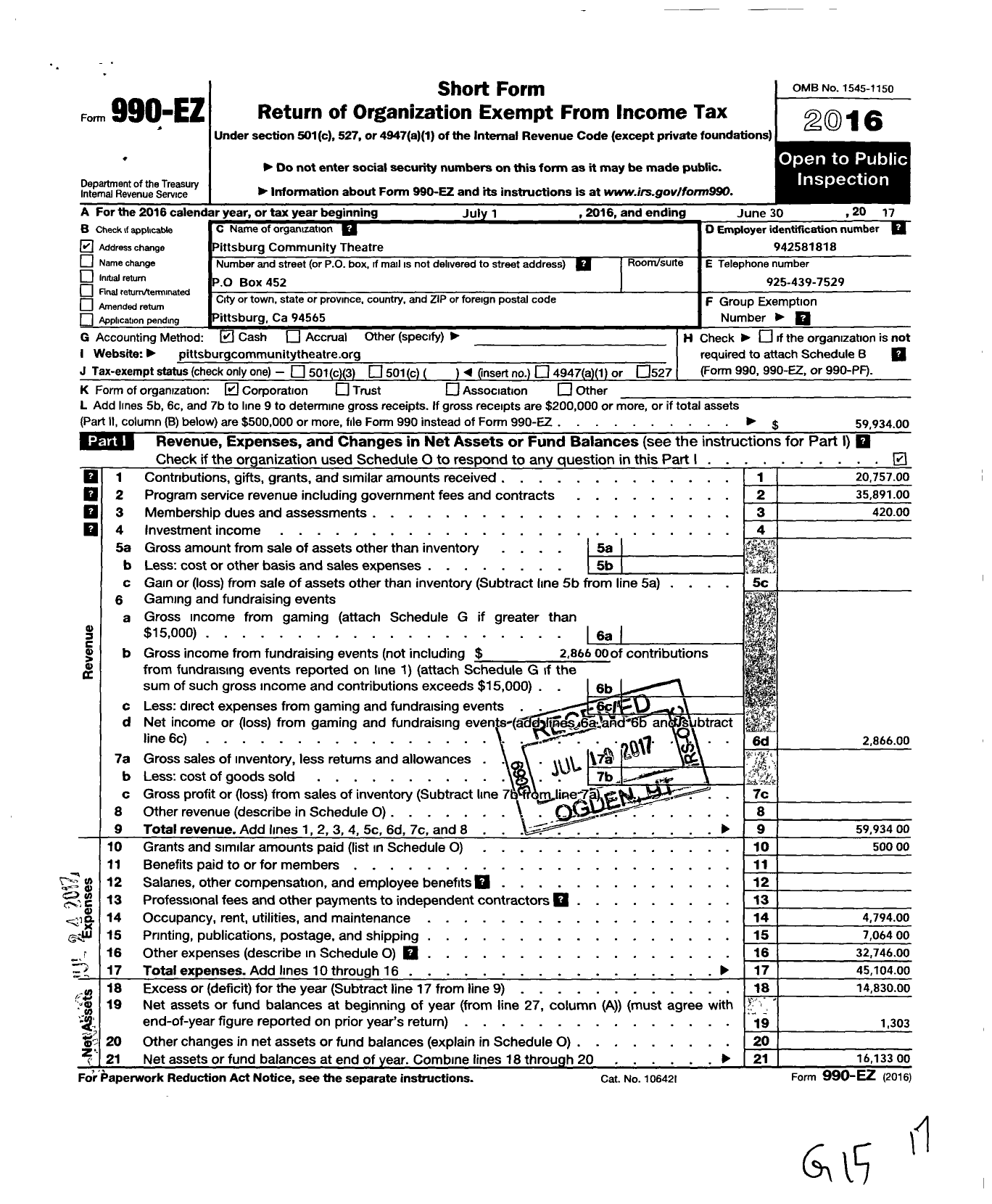 Image of first page of 2016 Form 990EO for Pittsburg Community Theatre