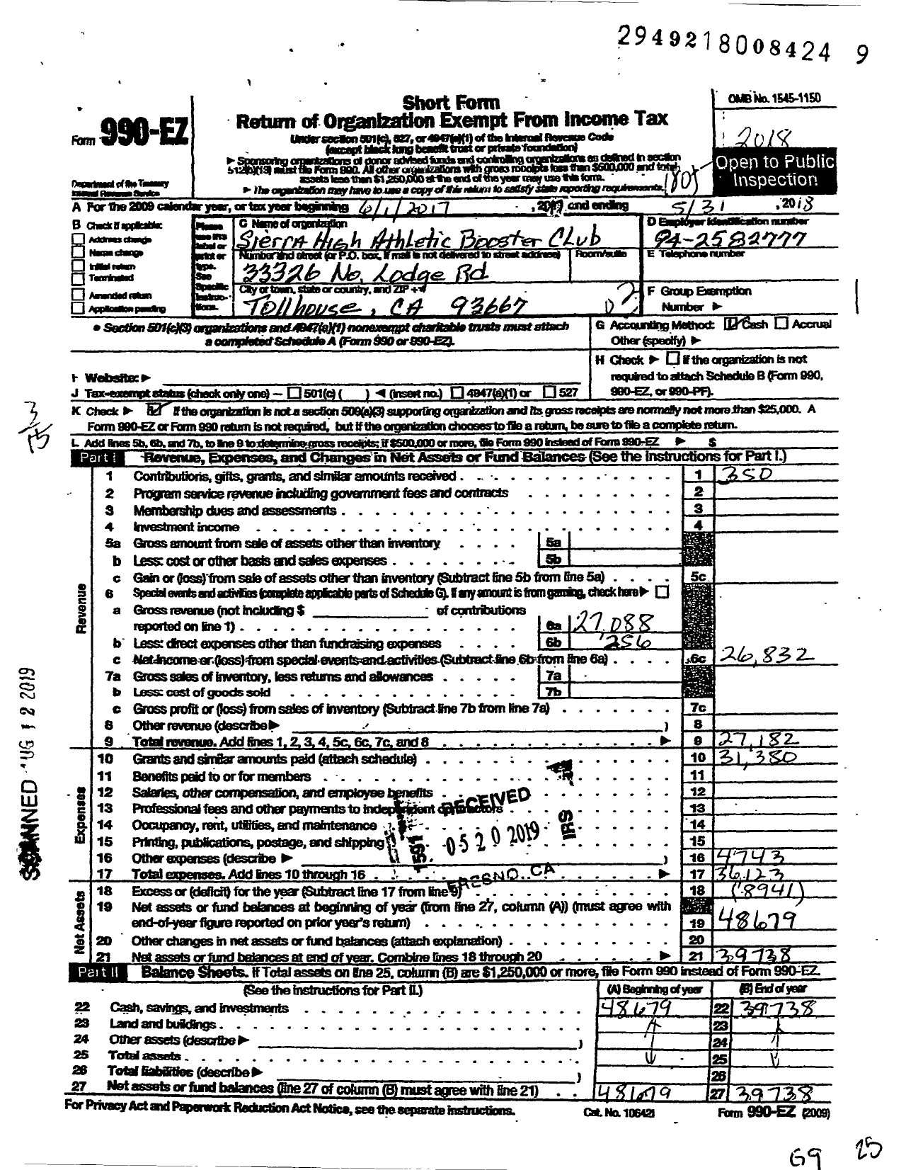 Image of first page of 2017 Form 990EZ for Sierra High Athletic Booster Club