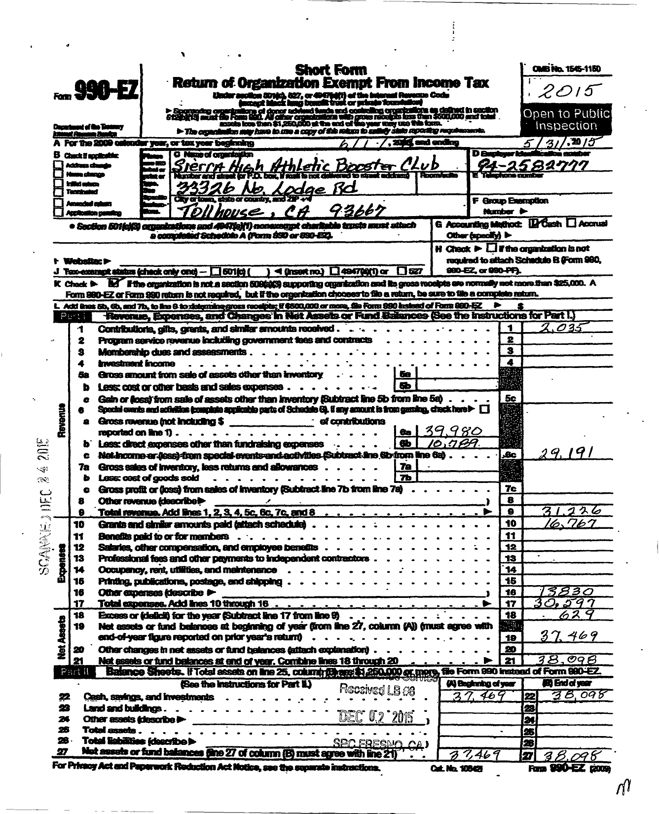 Image of first page of 2014 Form 990EO for Sierra High Athletic Booster Club