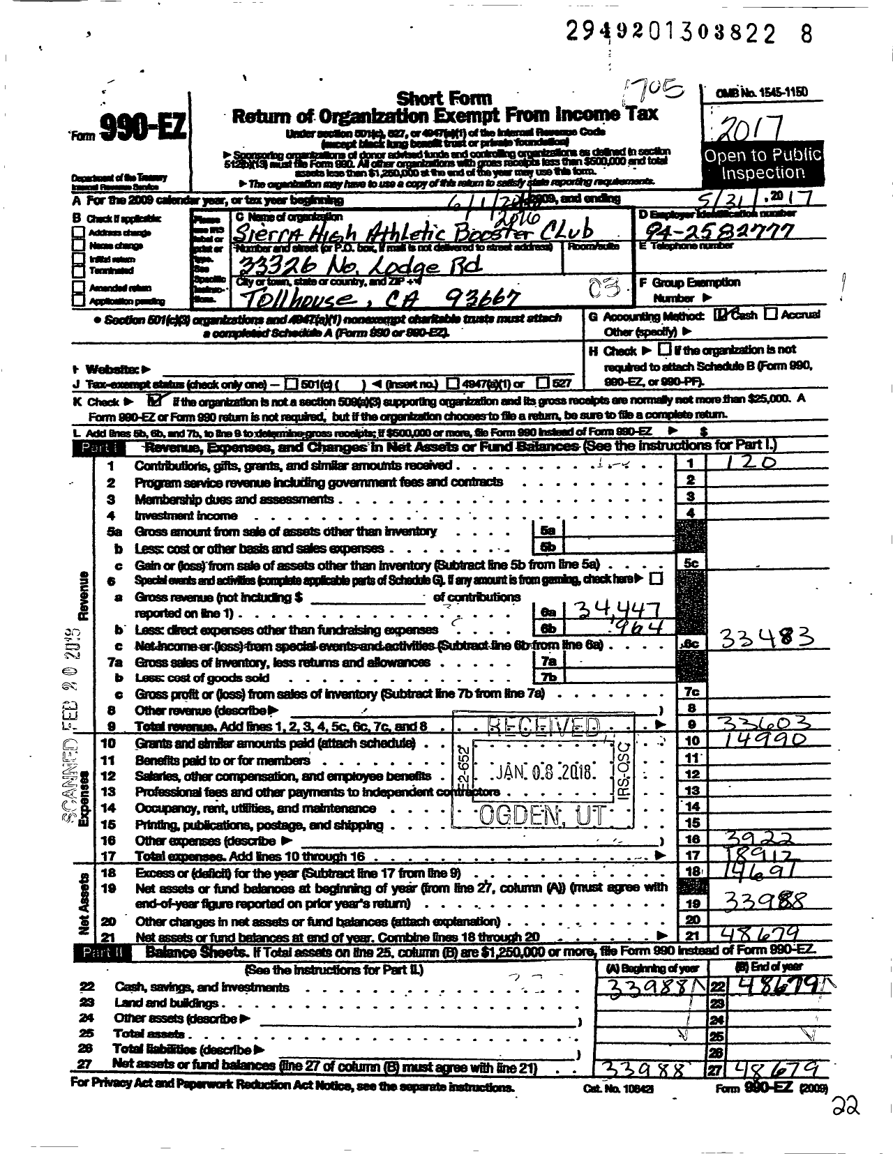 Image of first page of 2016 Form 990EZ for Sierra High Athletic Booster Club