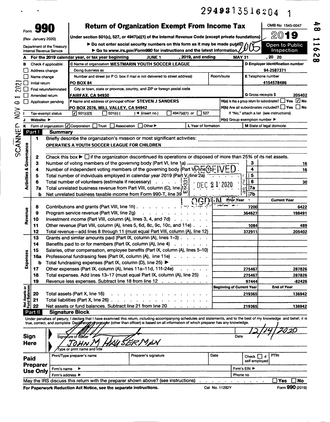 Image of first page of 2019 Form 990 for West Marin Youth Soccer League