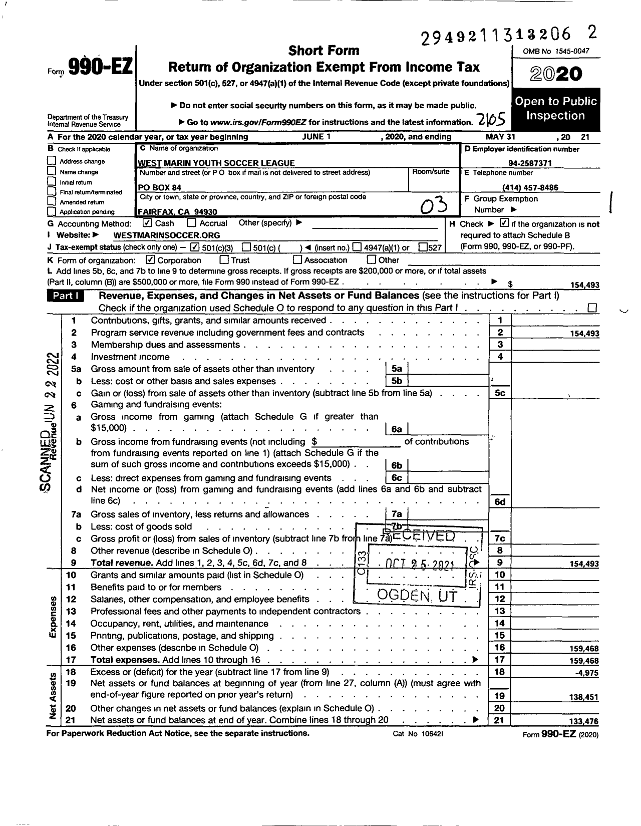 Image of first page of 2020 Form 990EZ for West Marin Youth Soccer League