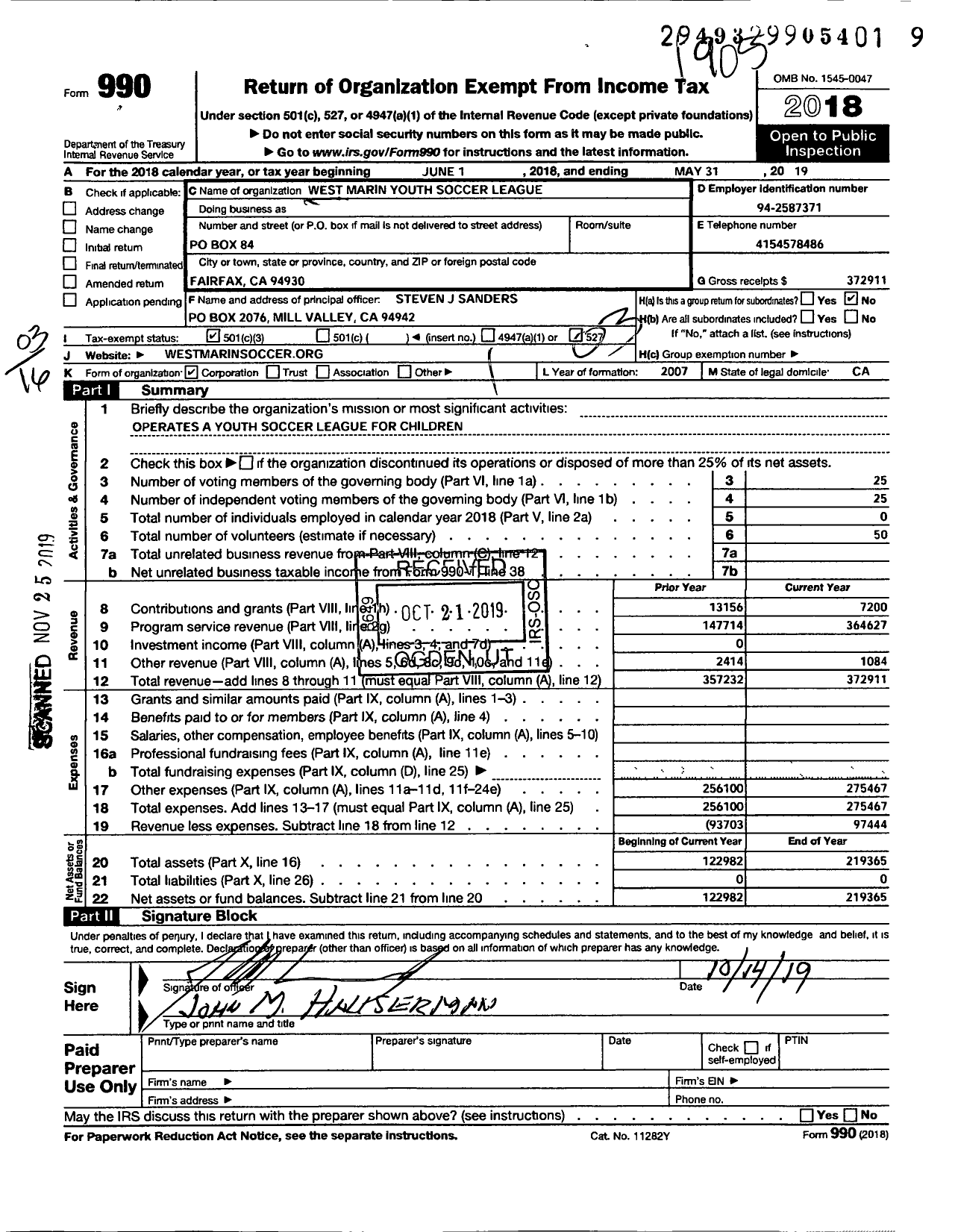 Image of first page of 2018 Form 990 for West Marin Youth Soccer League