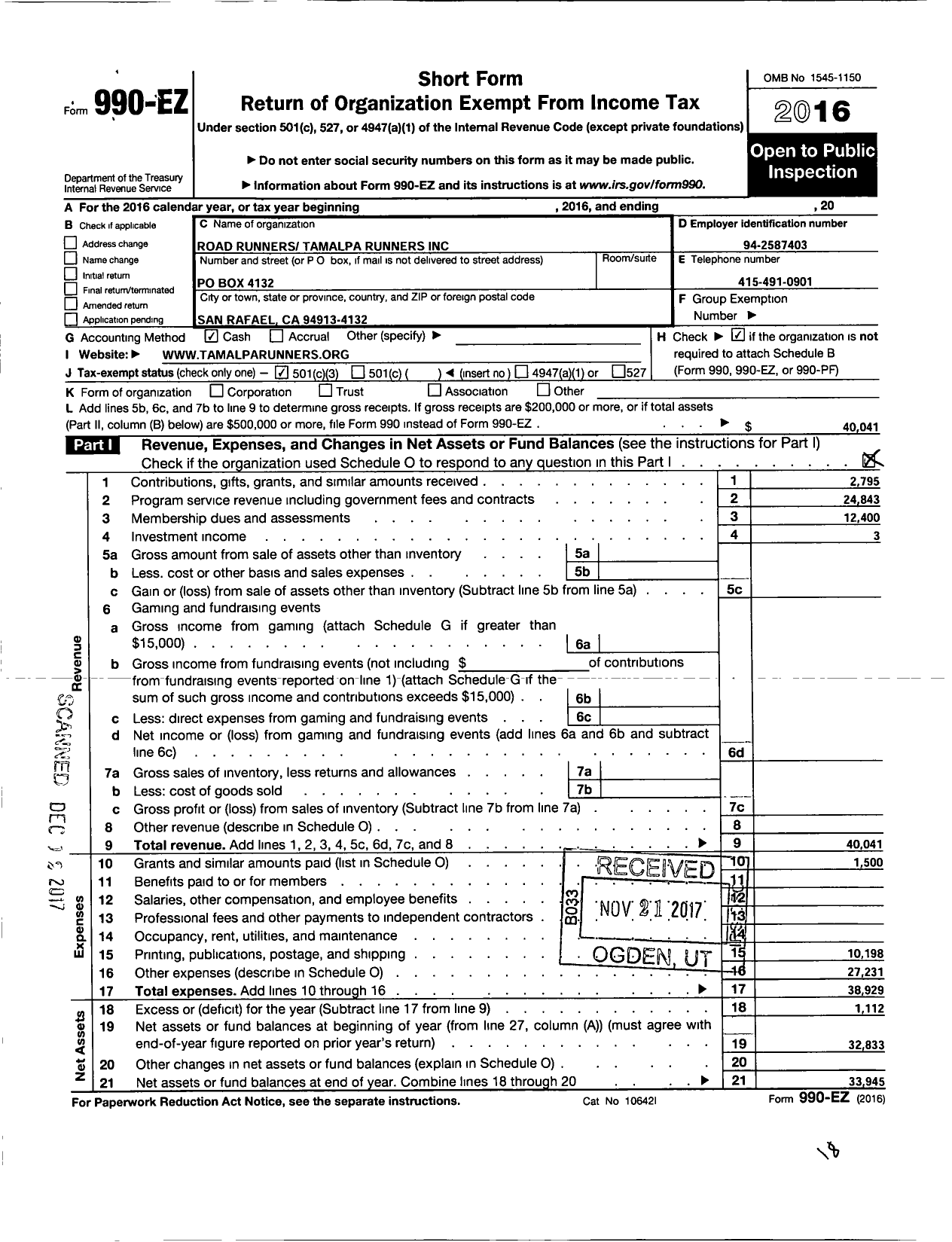 Image of first page of 2016 Form 990EZ for Road Runners Tamalpa Runners