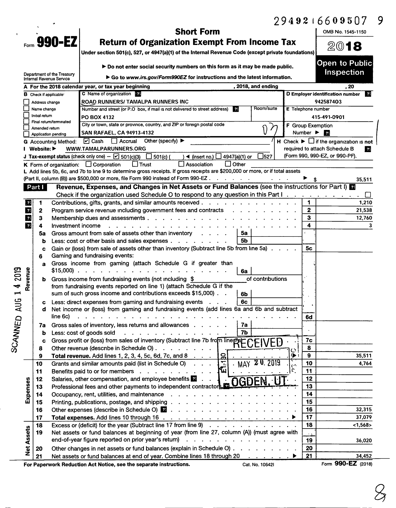 Image of first page of 2018 Form 990EZ for Road Runners Tamalpa Runners