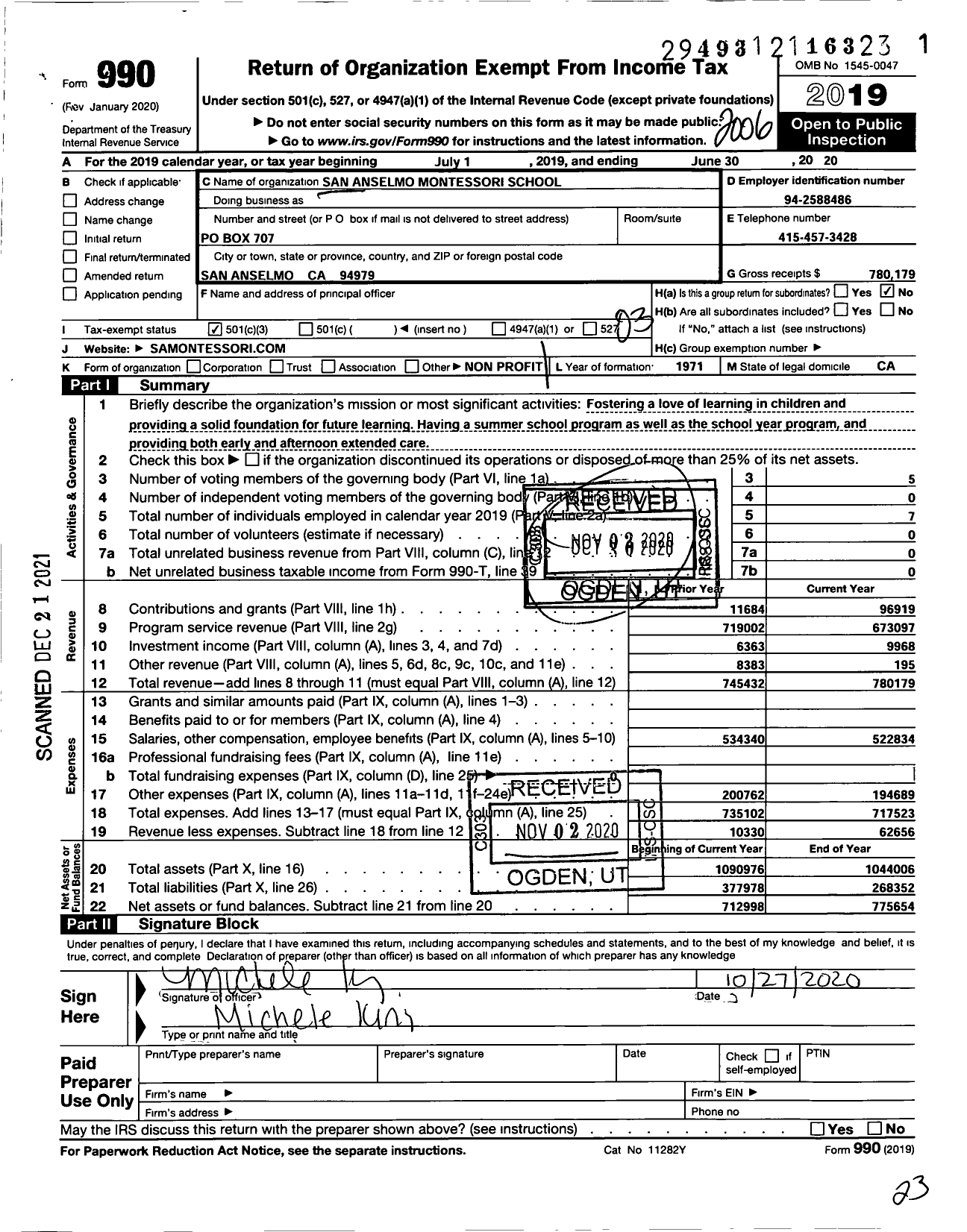 Image of first page of 2019 Form 990 for San Anselmo Montessori School