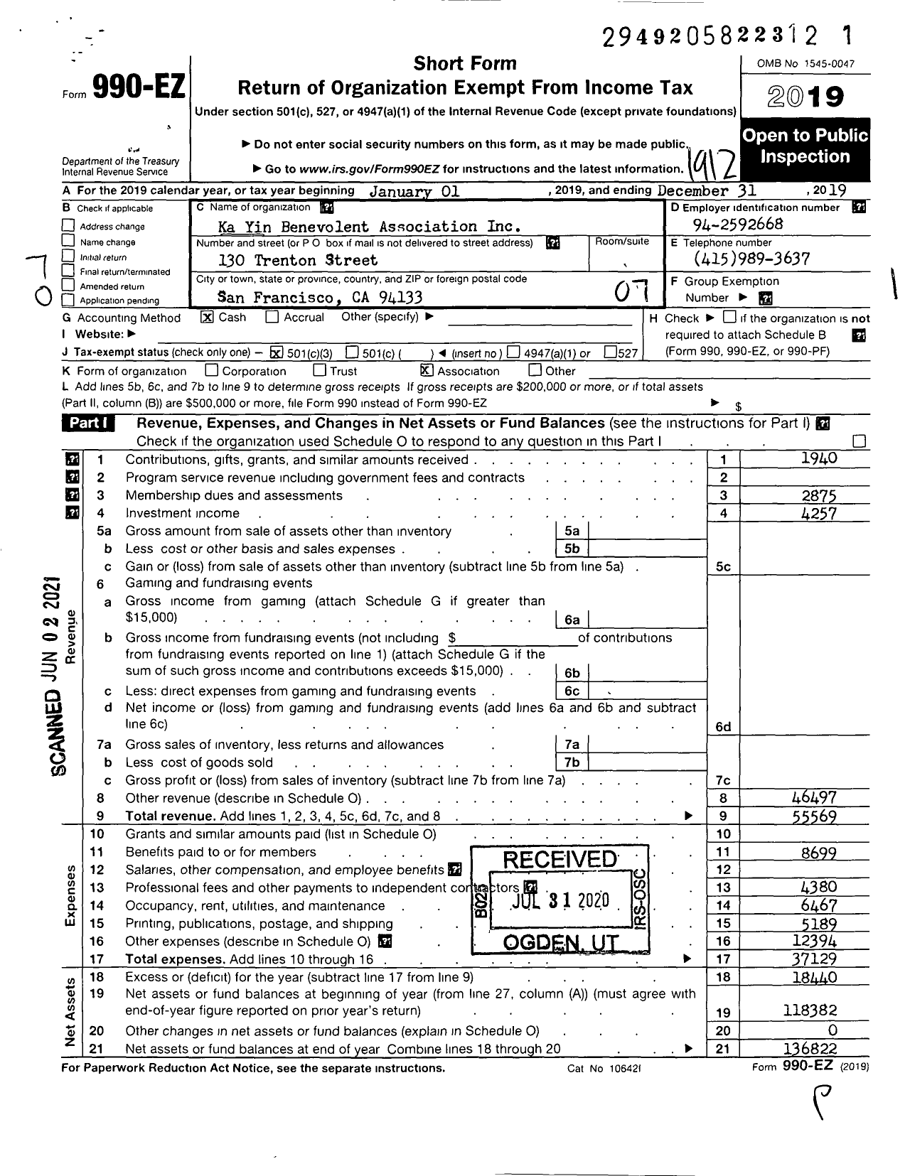 Image of first page of 2019 Form 990EO for Ka Ying Benevolent Association