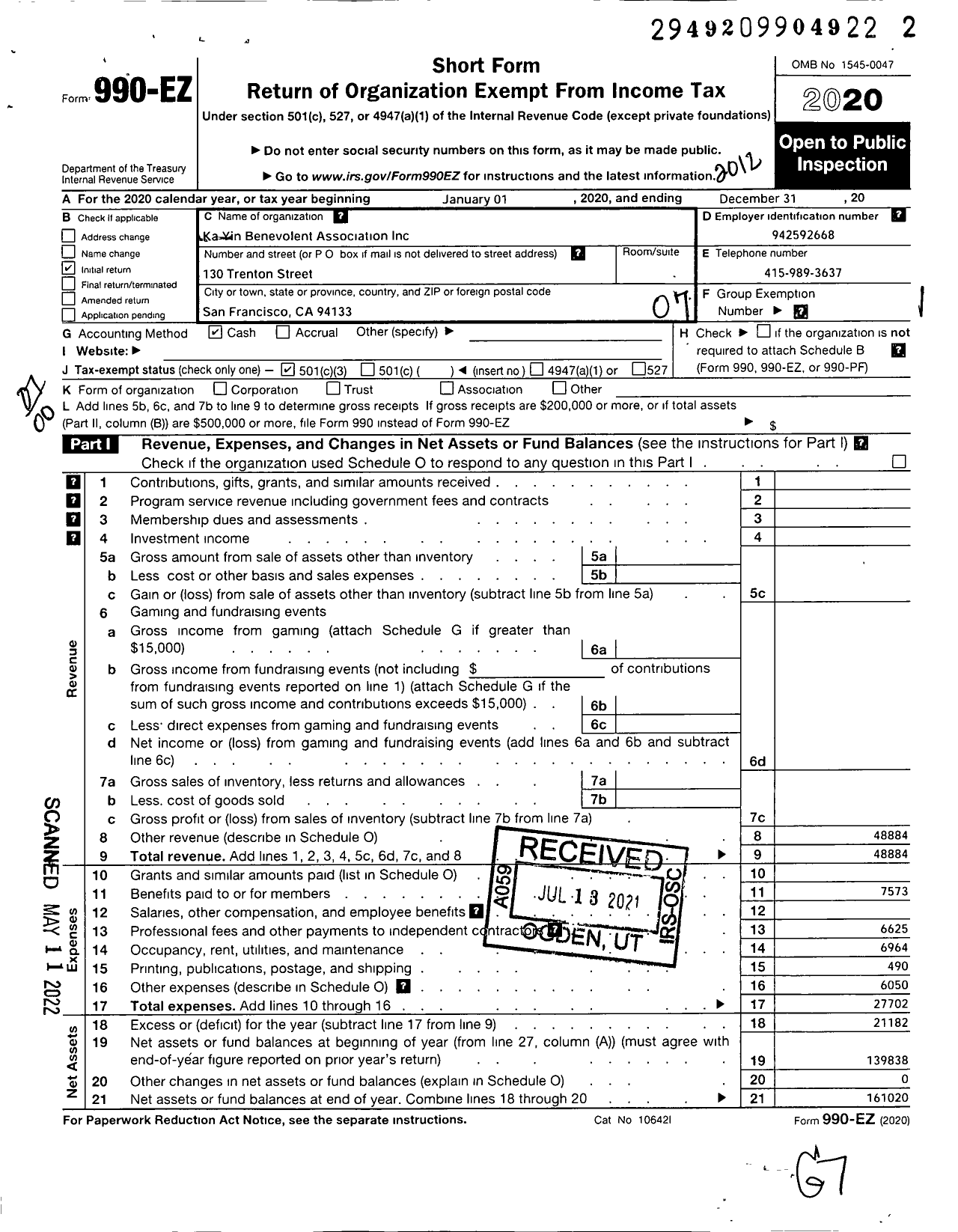 Image of first page of 2020 Form 990EO for Ka Ying Benevolent Association