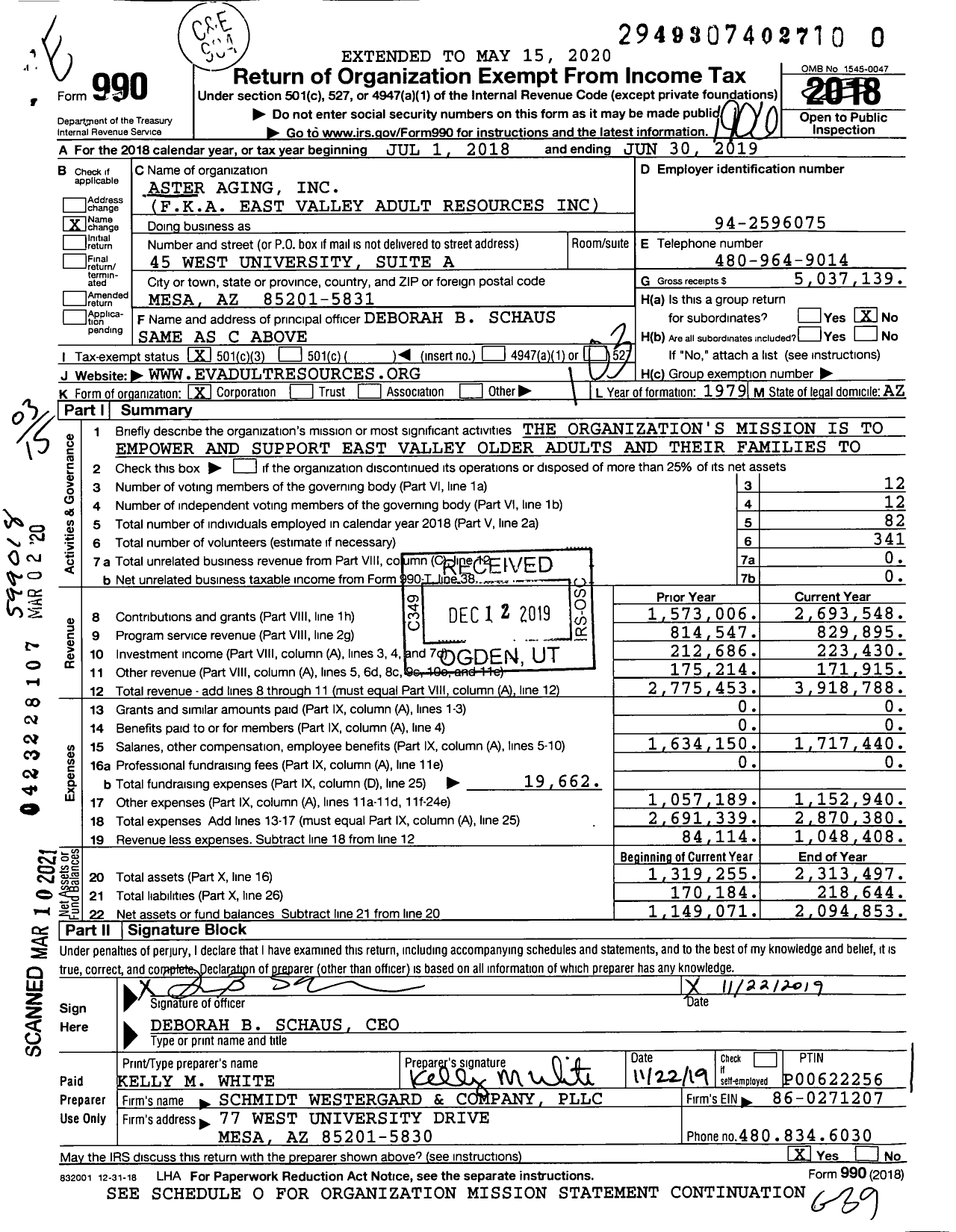 Image of first page of 2018 Form 990 for Aster Aging (EVAR)