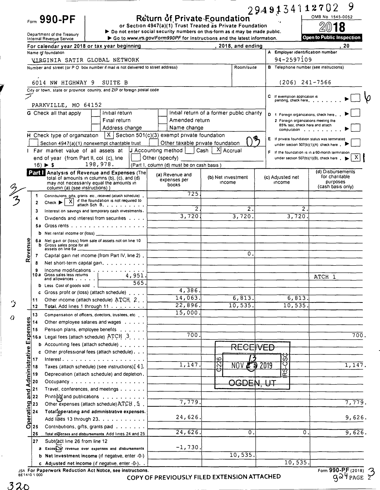 Image of first page of 2018 Form 990PF for Virginia Satir Global Network
