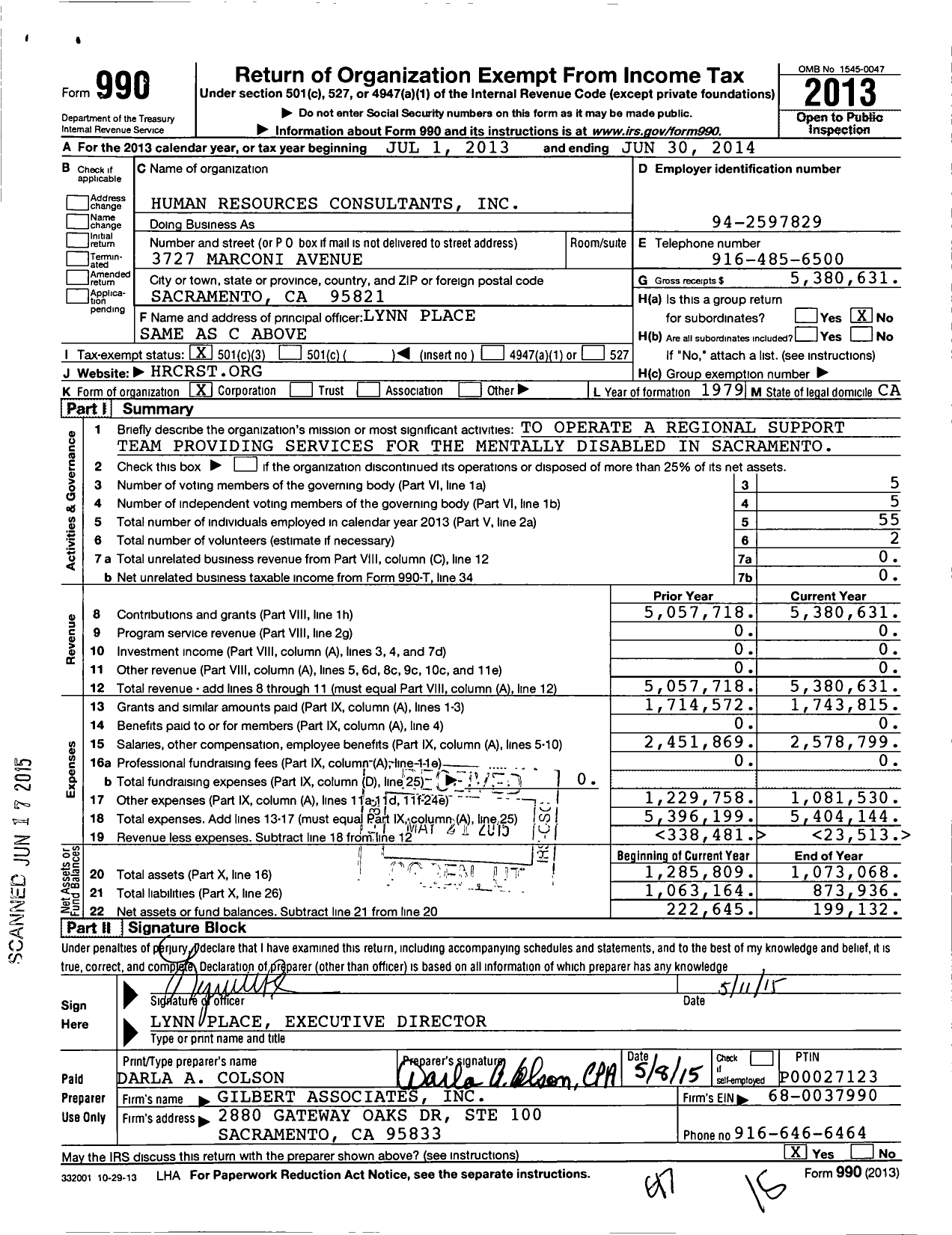 Image of first page of 2013 Form 990 for Human Resources Consultants