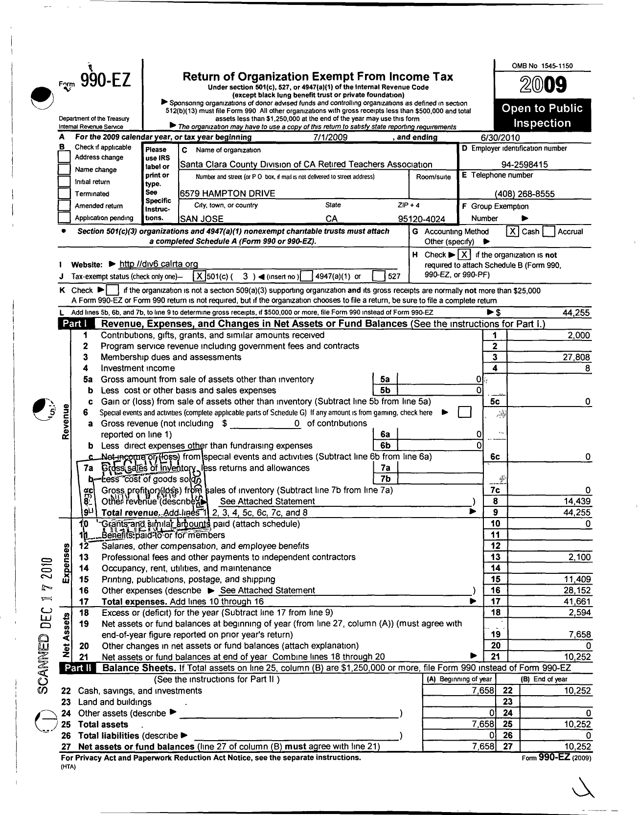 Image of first page of 2009 Form 990EZ for California Retired Teachers Association / V-06 Santa Clara County