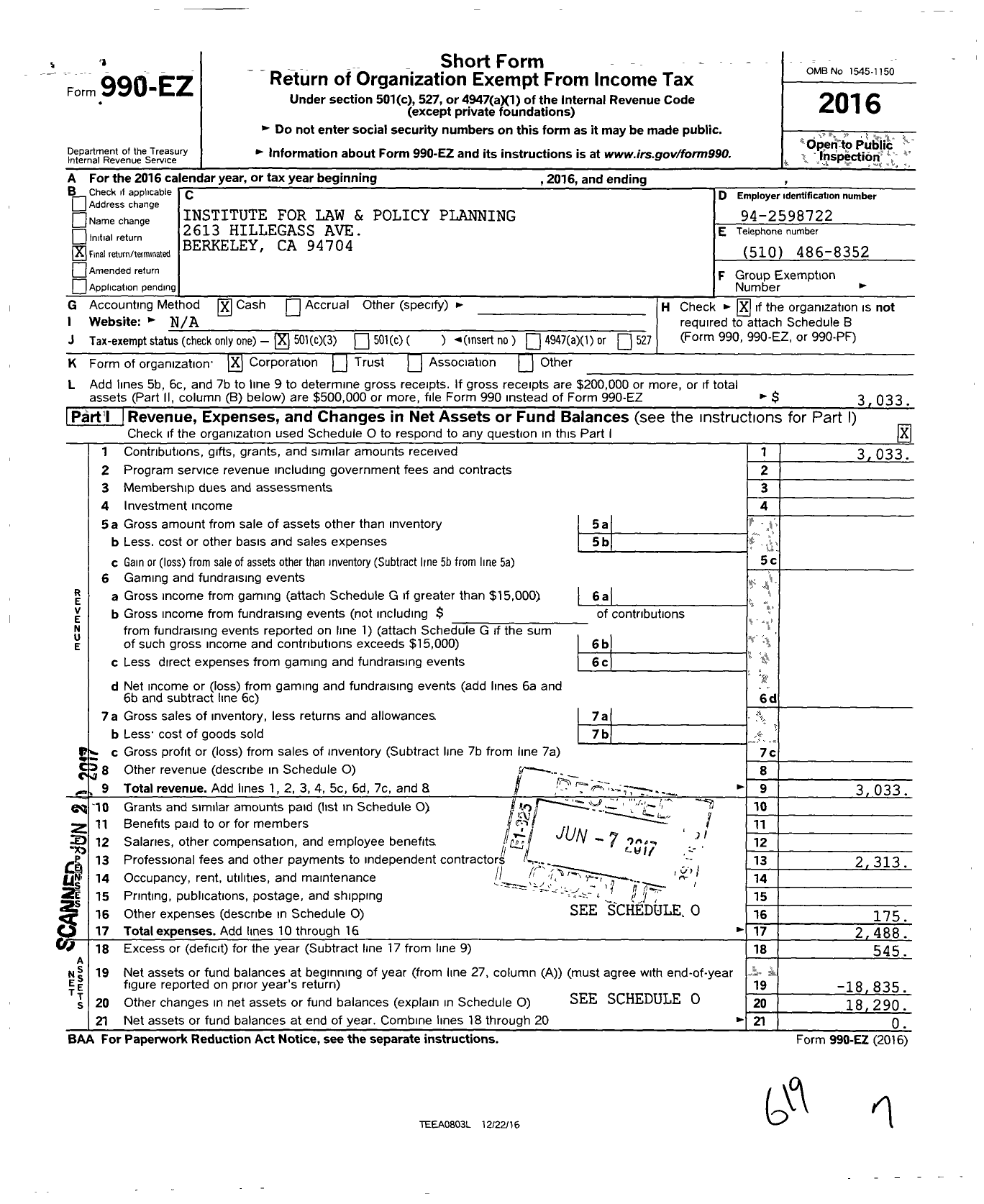 Image of first page of 2016 Form 990EZ for Institute for Law and Policy Planning